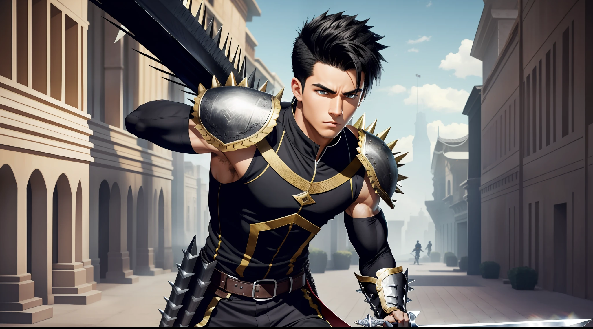 Original and unique authentic character, An athletic-looking young man with spiky black hair. He has intense, expressive eyes that shine with determination. He wears practical and functional clothing, with a unique costume that identifies him as the Bearer of Eternity. He carries a special sword with him, he is 20 years old.