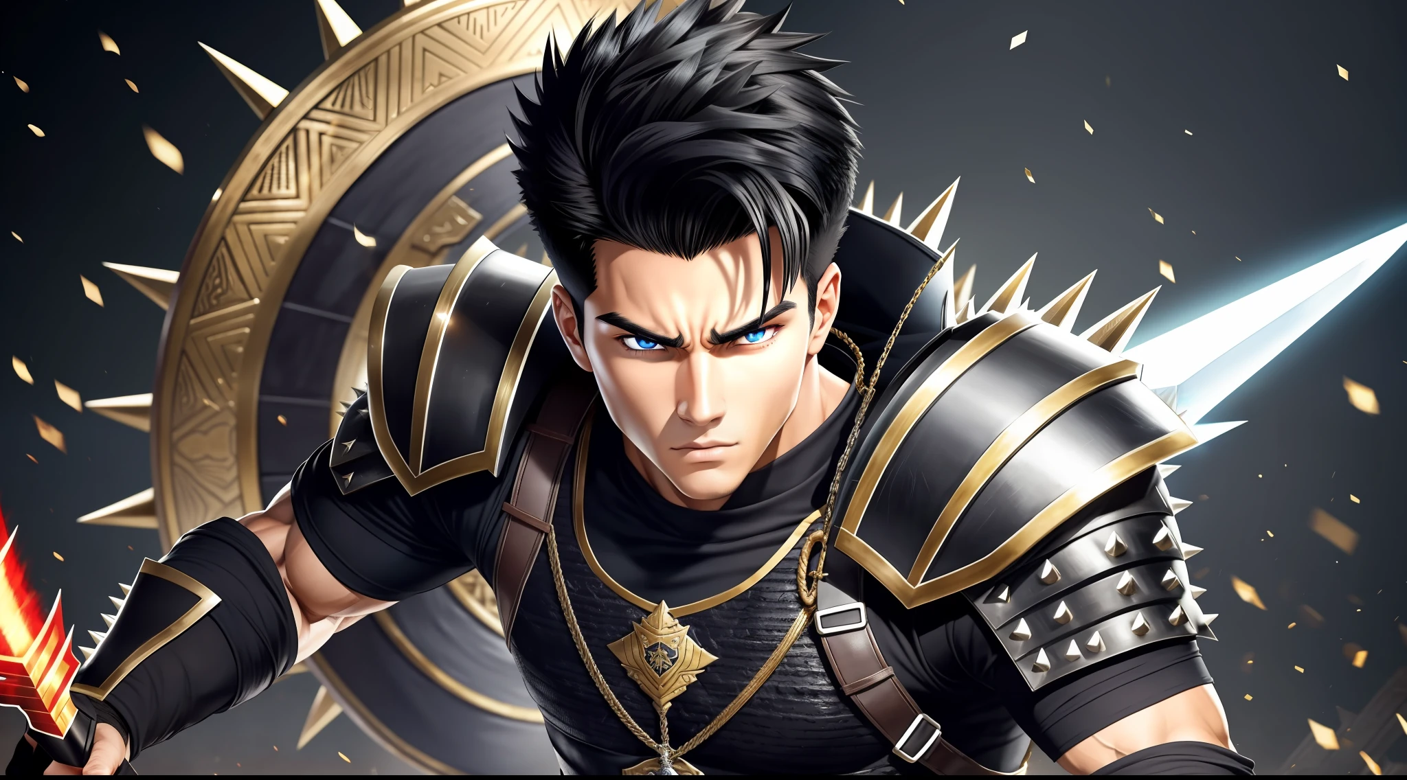Original and unique authentic character, An athletic-looking young man with spiky black hair. He has intense, expressive eyes that shine with determination. He wears practical and functional clothing, with a unique costume that identifies him as the Bearer of Eternity. He carries a special sword with him, he is 20 years old.