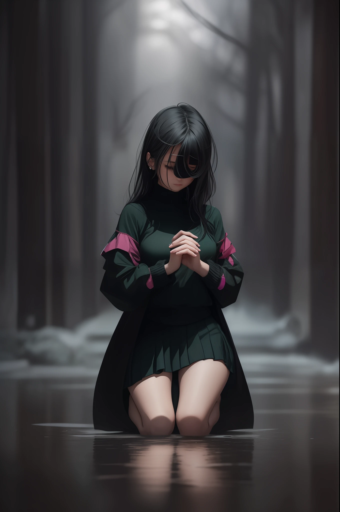 Draw a girl on her side, kneeling on the floor with her hands making a heart shape. She is falling and her head is down, leaning towards the ground, looking away. Her black hair with a pink edge is falling over one of her blue eyes. Her cheeks are full and her hair is long, covering one of her eyes. She is wearing a black skirt and a middle-class green and black fleece jacket. She has a feminine curve and is leaning to the left. There is water on the floor under her and she appears to be carrying a weight on her back. The background is spooky and there is a sense of sadness and cold romance in the air. The image should be highly detailed and the colors dramatic and beautiful. The image should look like a high-quality cinematic photograph and be a real masterpiece.