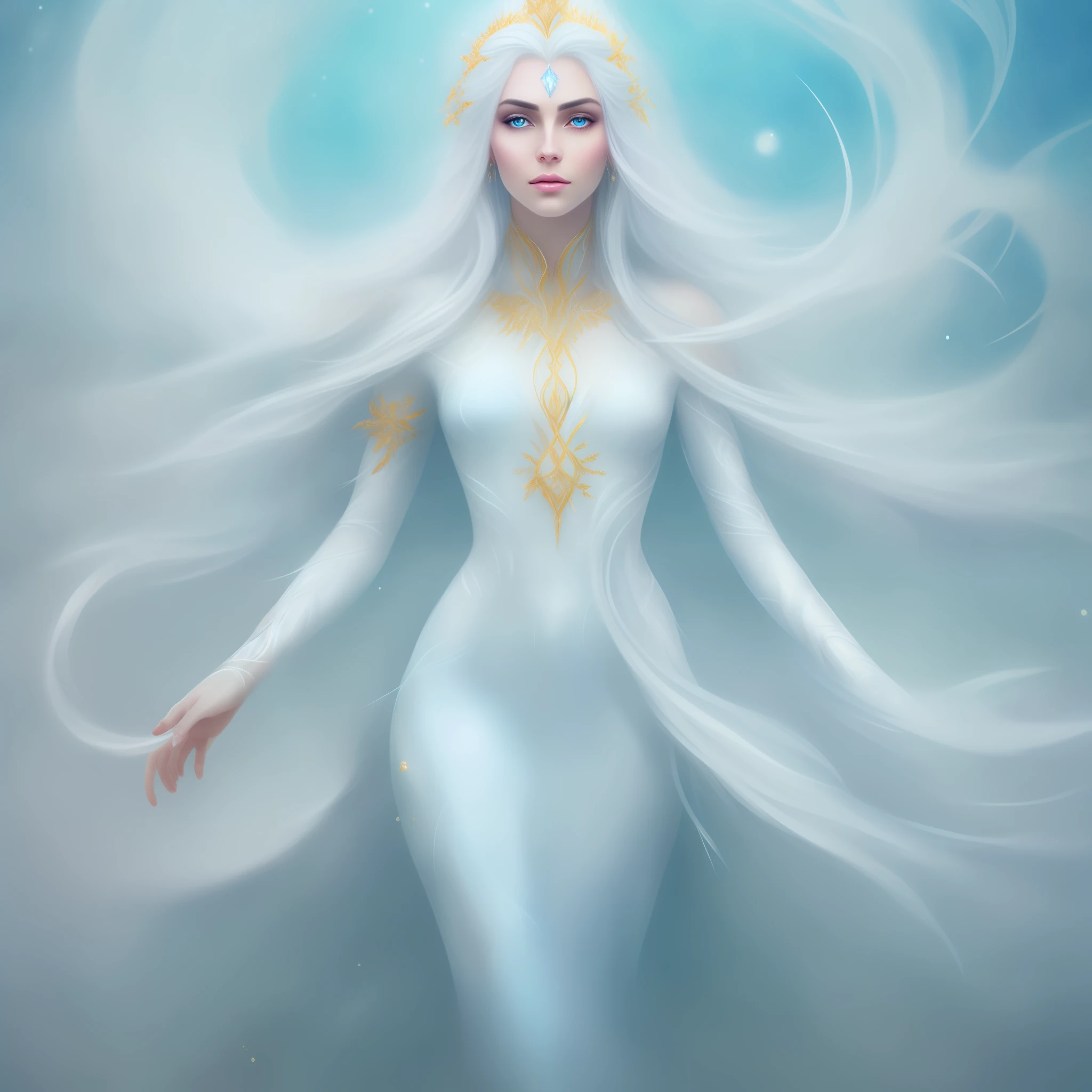 A beautiful woman with blue eyes and white hair and long white dress with full body gold details in the background in a setting with mystical ice queen on a winter night, clear facial features, well-detailed eyes, perfect face and perfect body, cinematic, intricate, 35mm lens, f/1.8 enhancement lighting, global lighting of ultra realism, very beautiful., underwater scene, ethereal, dreamy, pastel colors, flowing hair, digital painting, art station, conceptual art, smooth, sharp focus, trends in DeviantArt and artstation.