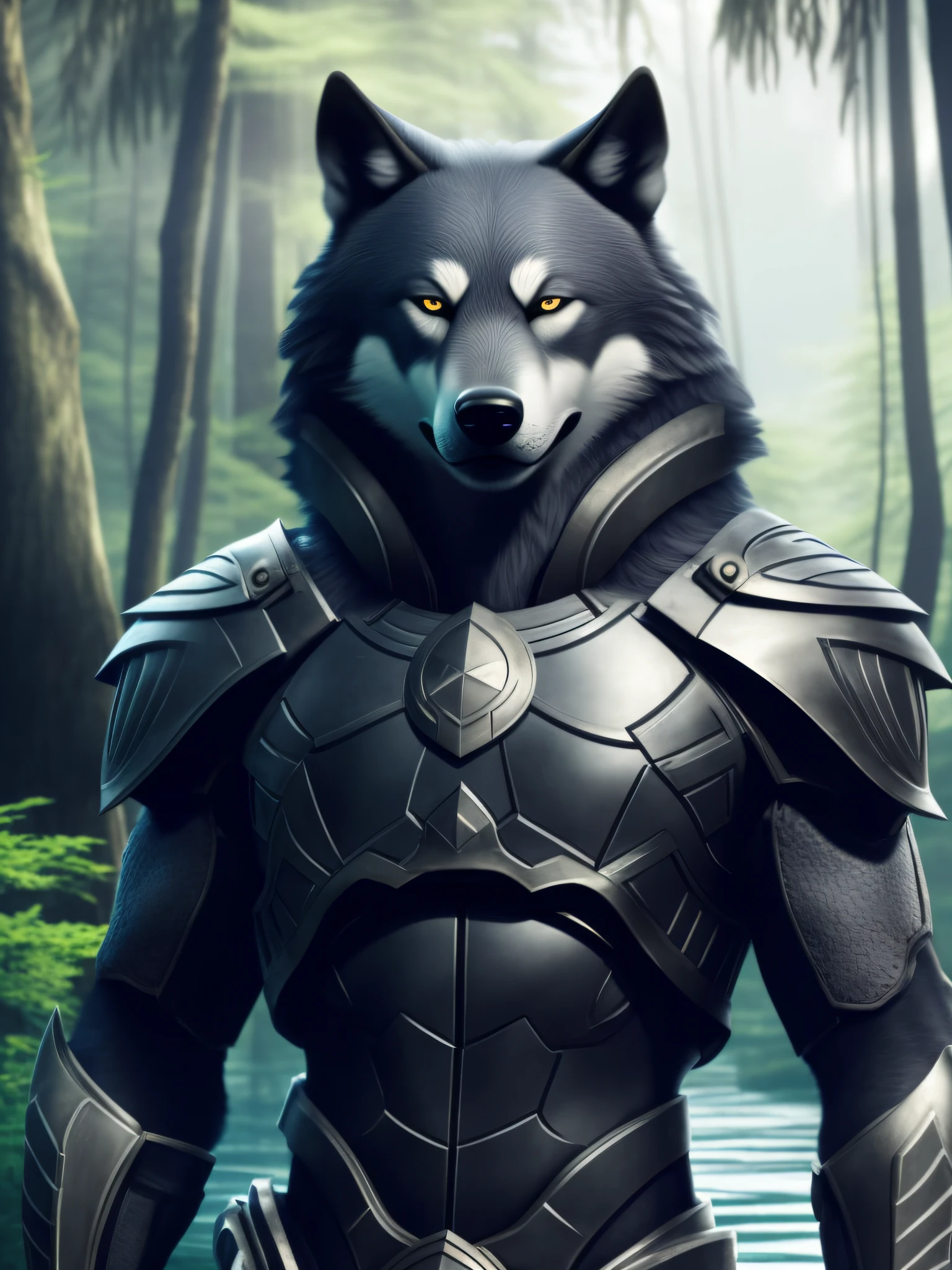 Arafed wolf in armor standing in a forest with a river, husky in shining armor, wolf armor, an anthropomorphic wolf, male anthropomorphic wolf, anthropomorphic wolf, an antro wolf, wearing intricate skin armor, large wolf, fantasy wolf portrait, furry wolf, black fur armor, kitsune-inspired armor, full body