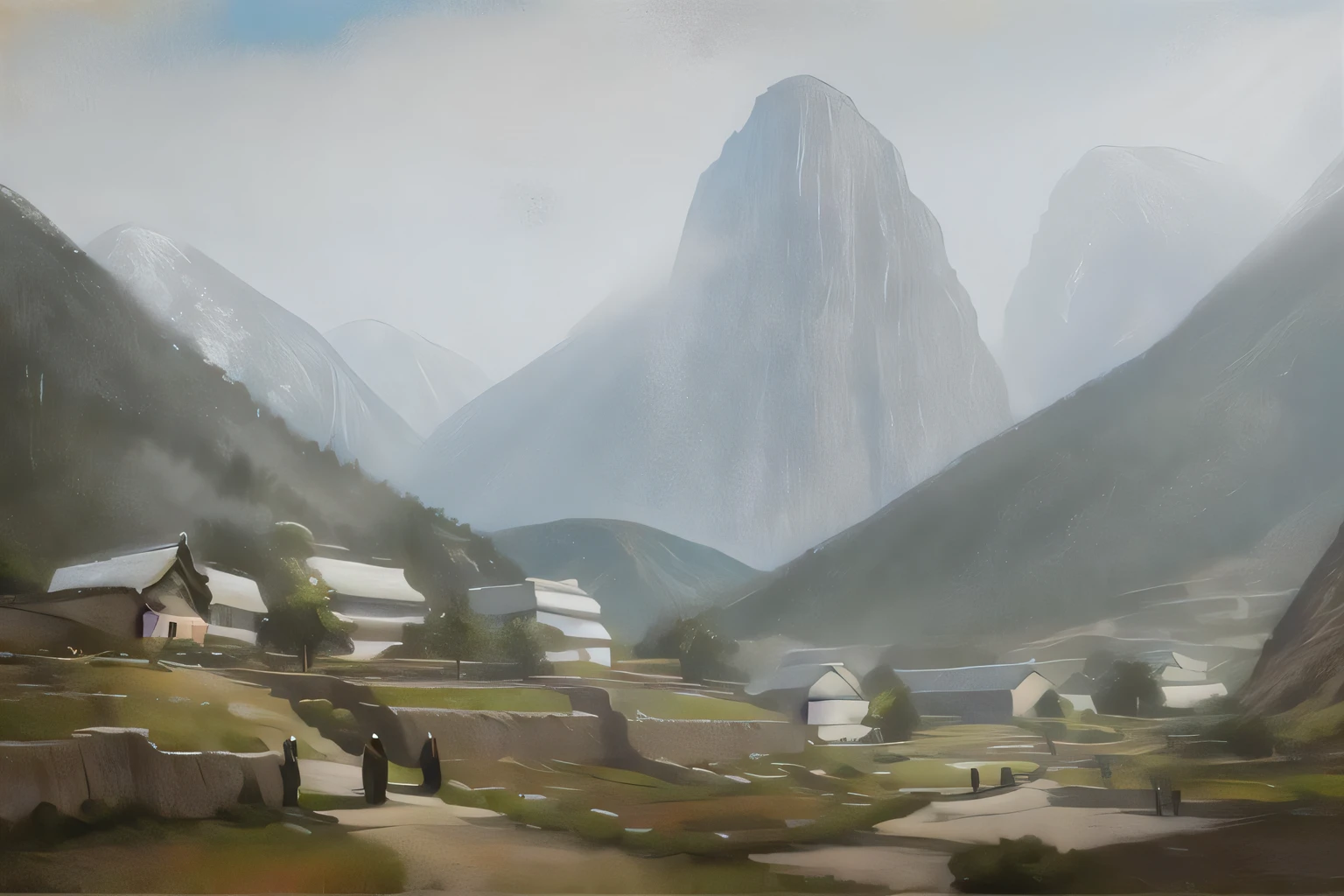 a painting of a village in a mountainous area with a mountain in the background and people walking around the village