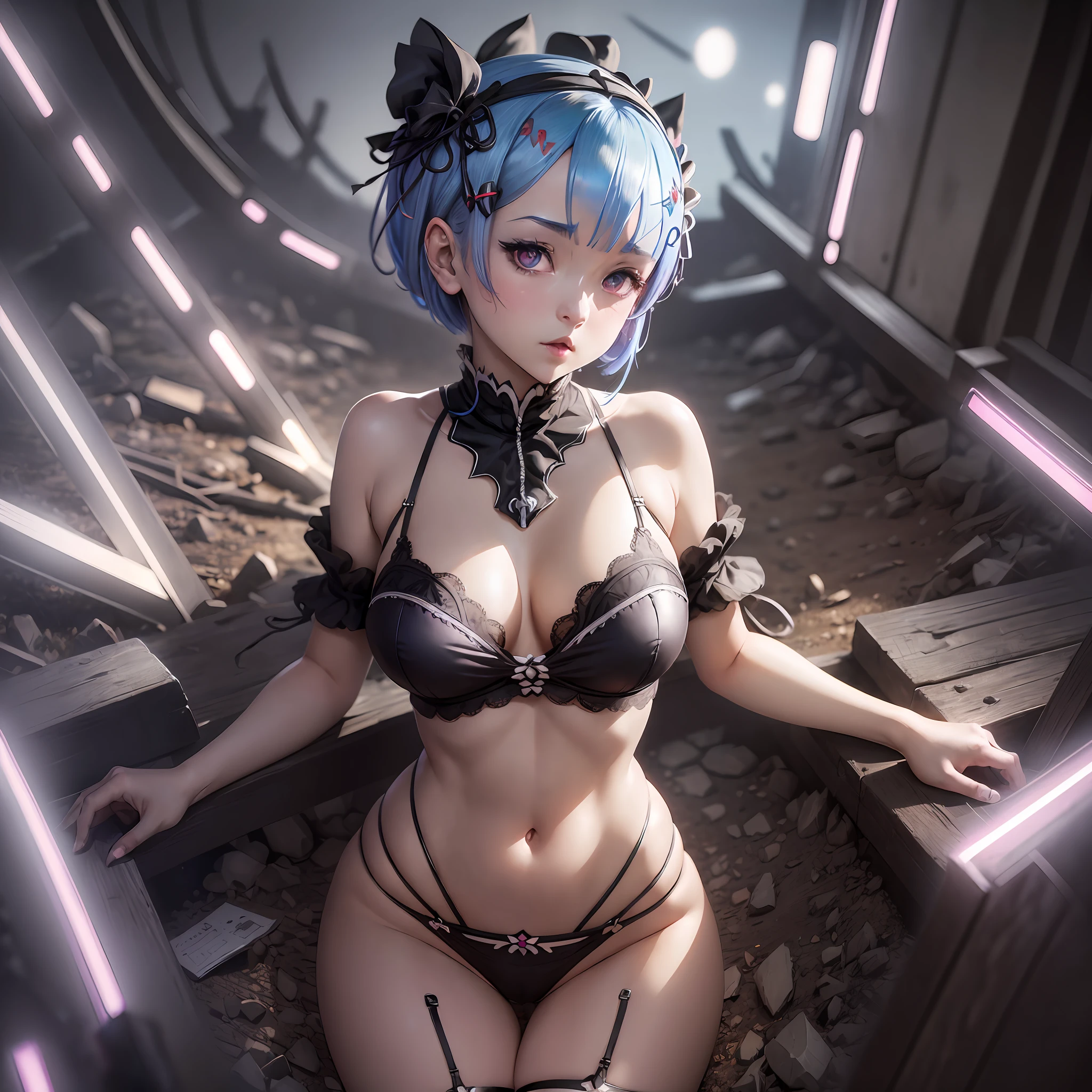 (((Rem from Rezero))) proportional body, Sexy pose Masterpiece ,Best quality, (Micro lingerie), Dark ambient, light focus the body, dark abandoned  landscape, light particle, dark night, contrast, view from above
