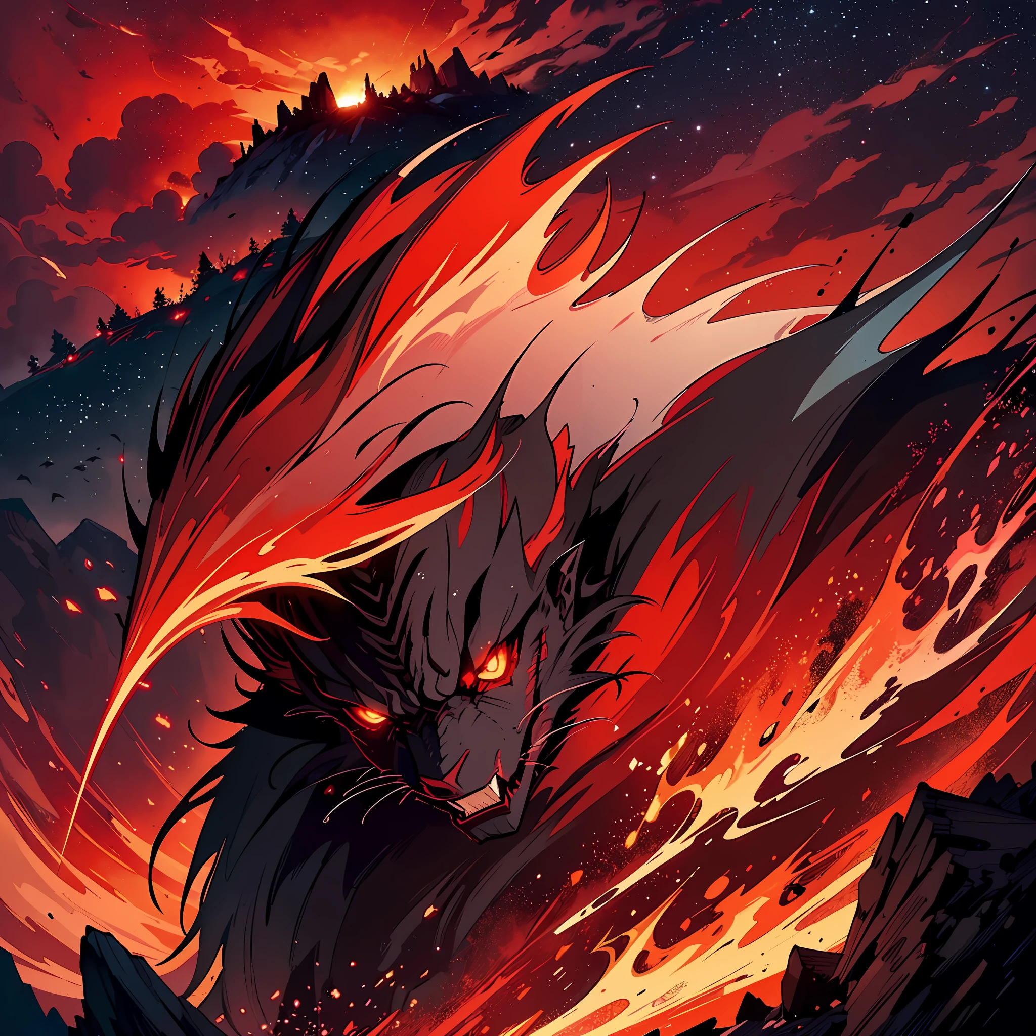 (best quality, masterpiece)(Crimson cloud), dark sky, dramatic scene, red skyscape, misty mountains, black silhouettes, lightning bolt, (1 creature, animated:1.4), glowing red eyes, fire breath.
