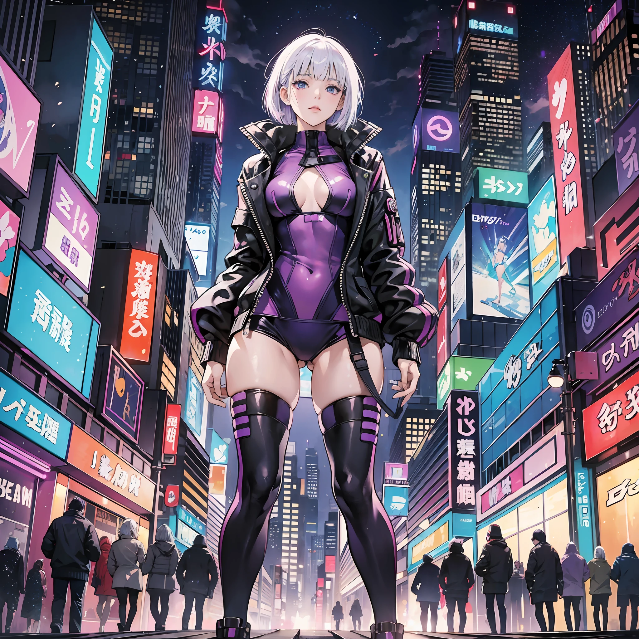 Cyberpunk, anime like, full body, purple hair, woman, city at night, vaporized background, blue backlight, sci-fi swim suit, swim suit tech , downtown, photo of body, sexy , Bob cut hair, white hair --auto --s2