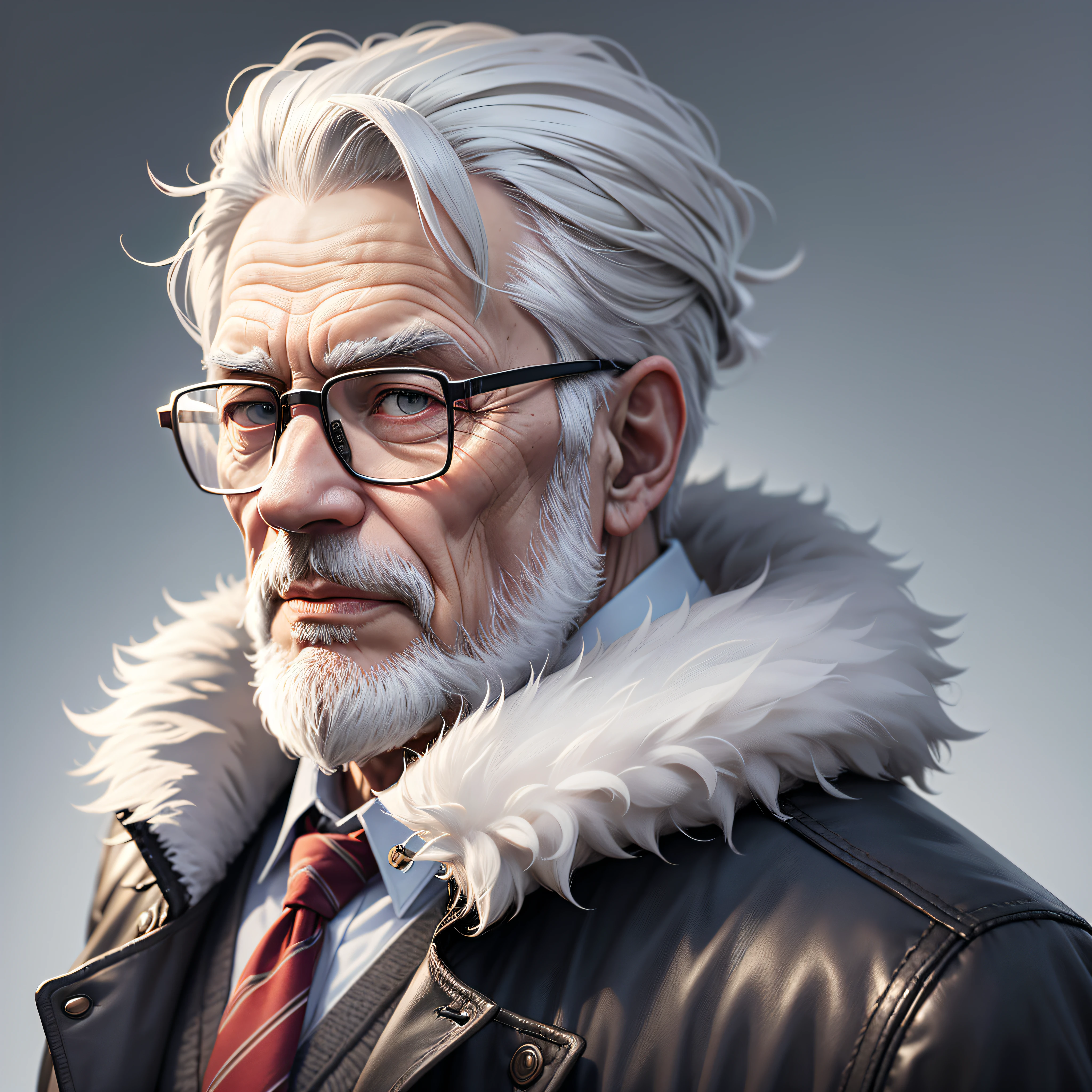 Old man with glasses with winter coat with ultra realistic 8k grey background