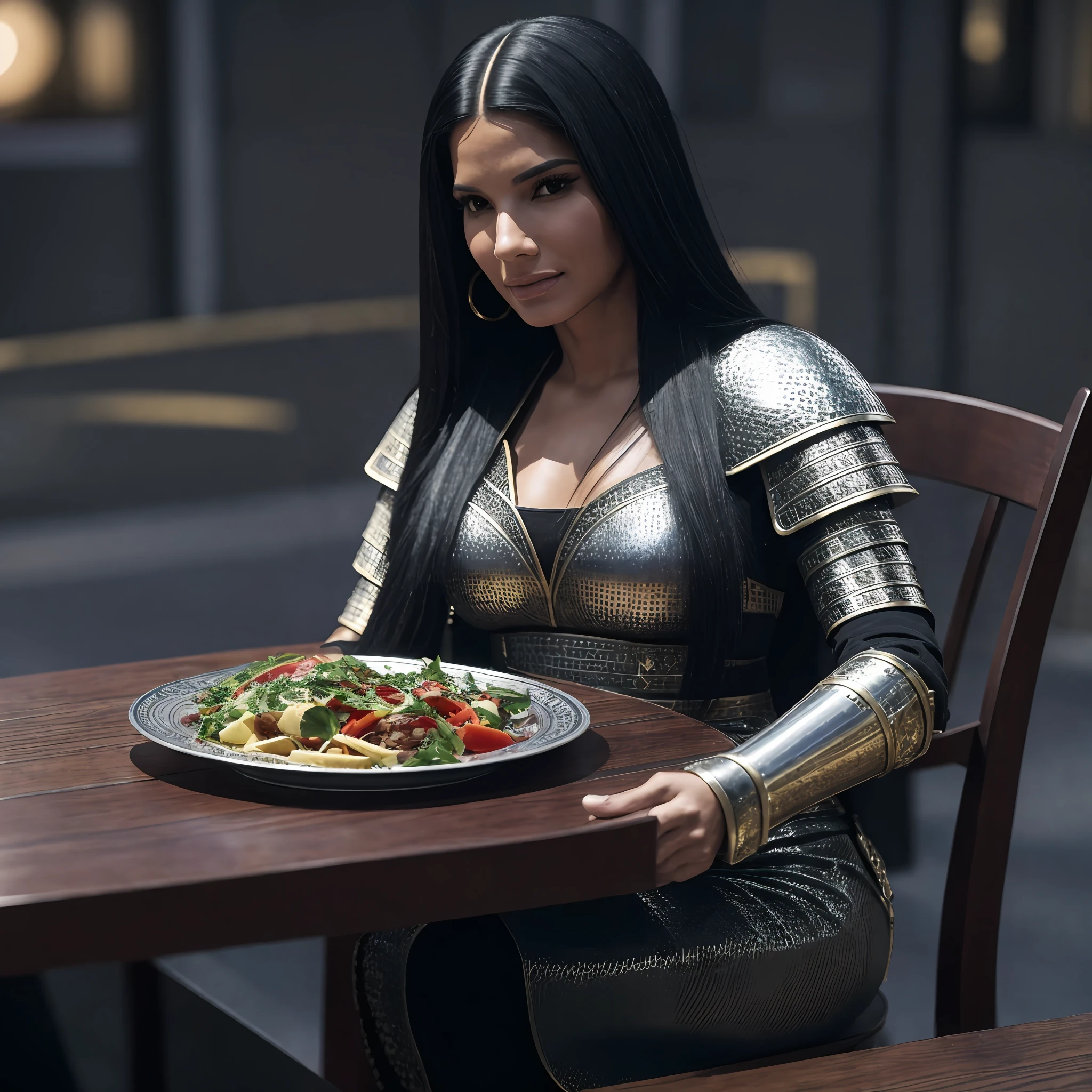 There's a woman with long serious black hair, looks like Anitta, Mariana Rios and Sandra Bullock, is dressed as a medieval warrior, sitting at the table with a plate of food, no makeup, taken in early 2020, the background is New York City on a rainy day --auto --s2
