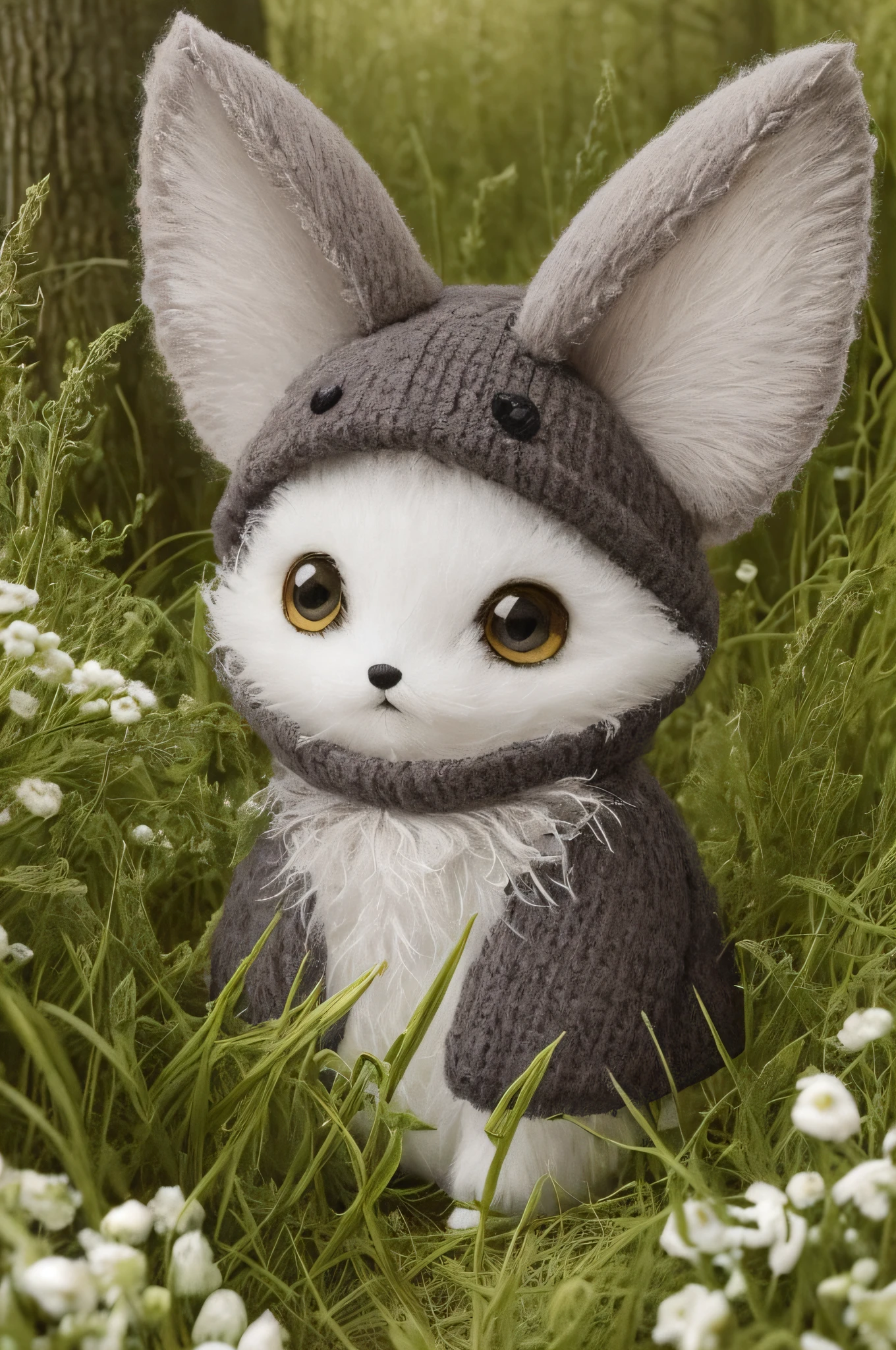 very fluffy, soft fur, a lot of texture, clothes and drapery, Small anthropomorphic creature, toy design, sewn mixed media toy, doll, funny funny creature with big eyes and big ears, Snuslick walks in the woods in thick grass, like a macro photograph, like an illustration for a children's book, very cute, very warm atmosphere of the drawing, super detailed, a lot of details, very detailed clothes,  You can see every seam on the clothes