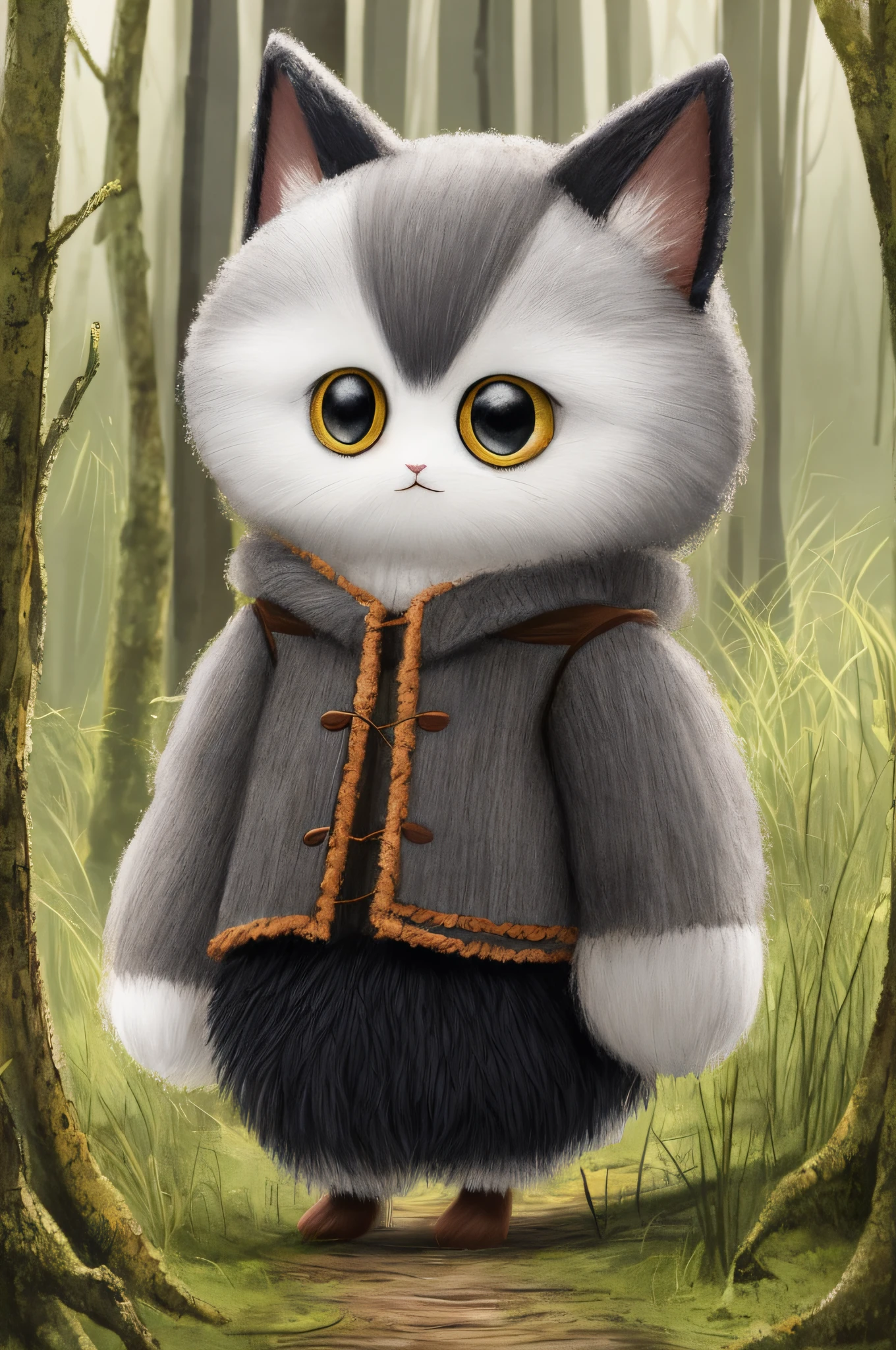 Snuslik, very fluffy, soft fur, a lot of texture, clothes and drape, Little anthropomorphic creature, toy design, sewn mixed media toy, doll, funny funny creature with big eyes and big ears, Snuslik walks through the forest in thick grass, like a macro photograph, like an illustration for a children's book, very cute, very warm atmosphere of the drawing, super detailed, a lot of details, very detailed clothes, You can see every seam on the clothes