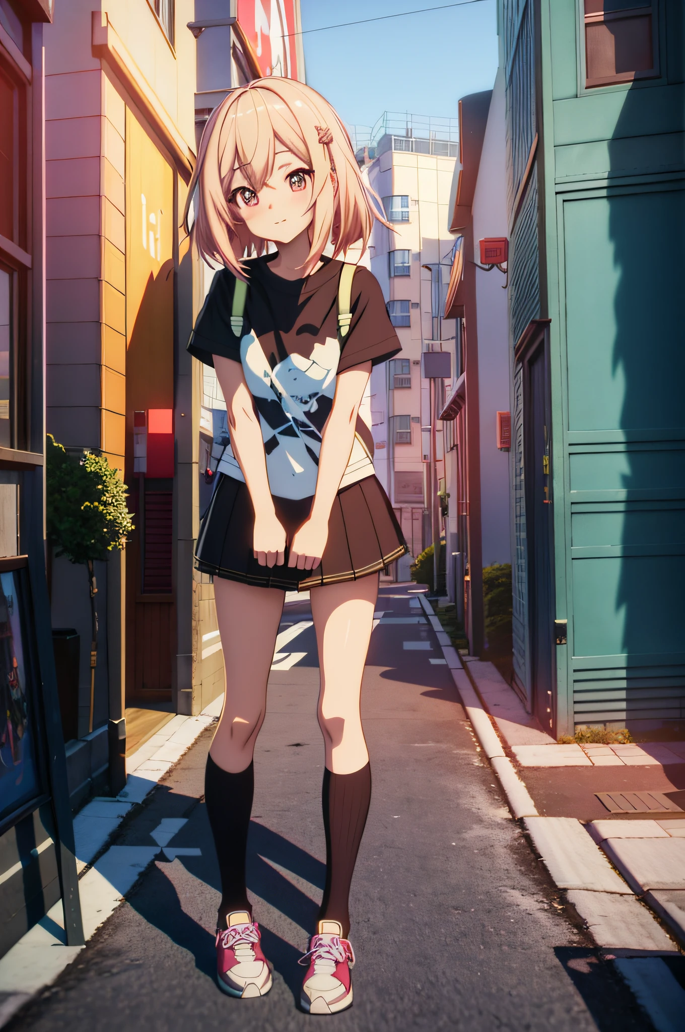 anime girl standing in the middle of a street with a sign, realistic anime 3 d style, standing in street, anime style. 8k, standing in the street, cute anime girl, guweiz, anime styled 3d, smooth anime cg art, standing in a city center, artwork in the style of guweiz, an anime girl, in a street