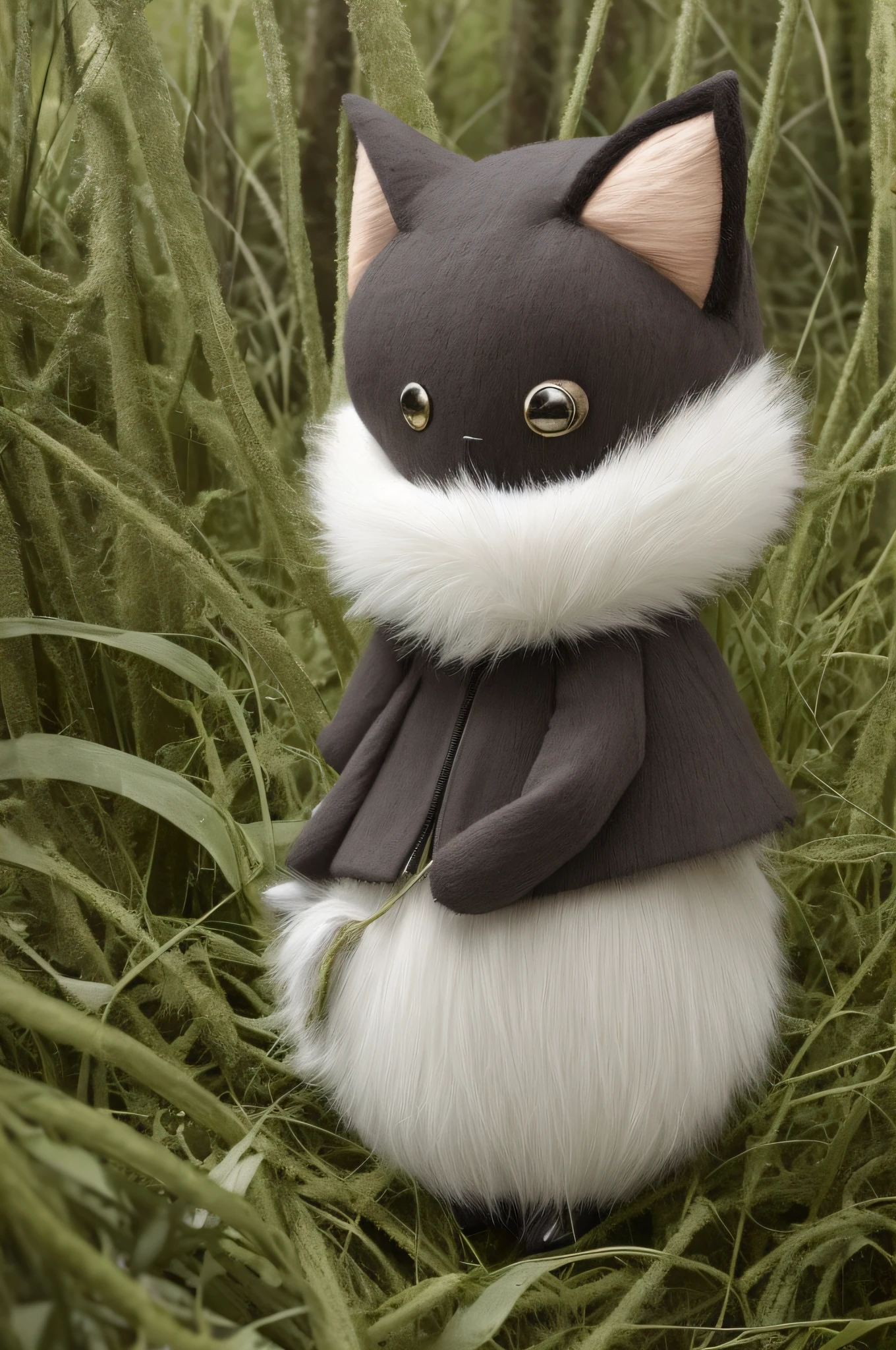 Snuslik, very fluffy, soft fur, a lot of texture, leather clothes and drape, Little anthropomorphic creature, toy design, sewn mixed media toy, doll, funny funny creature with big eyes and big ears, Snuslik walks through the forest in thick grass, like a macro photograph, like an illustration for a children's book, very cute, very warm atmosphere of the drawing, super detailed, a lot of details, very detailed clothes, You can see every seam on the clothes