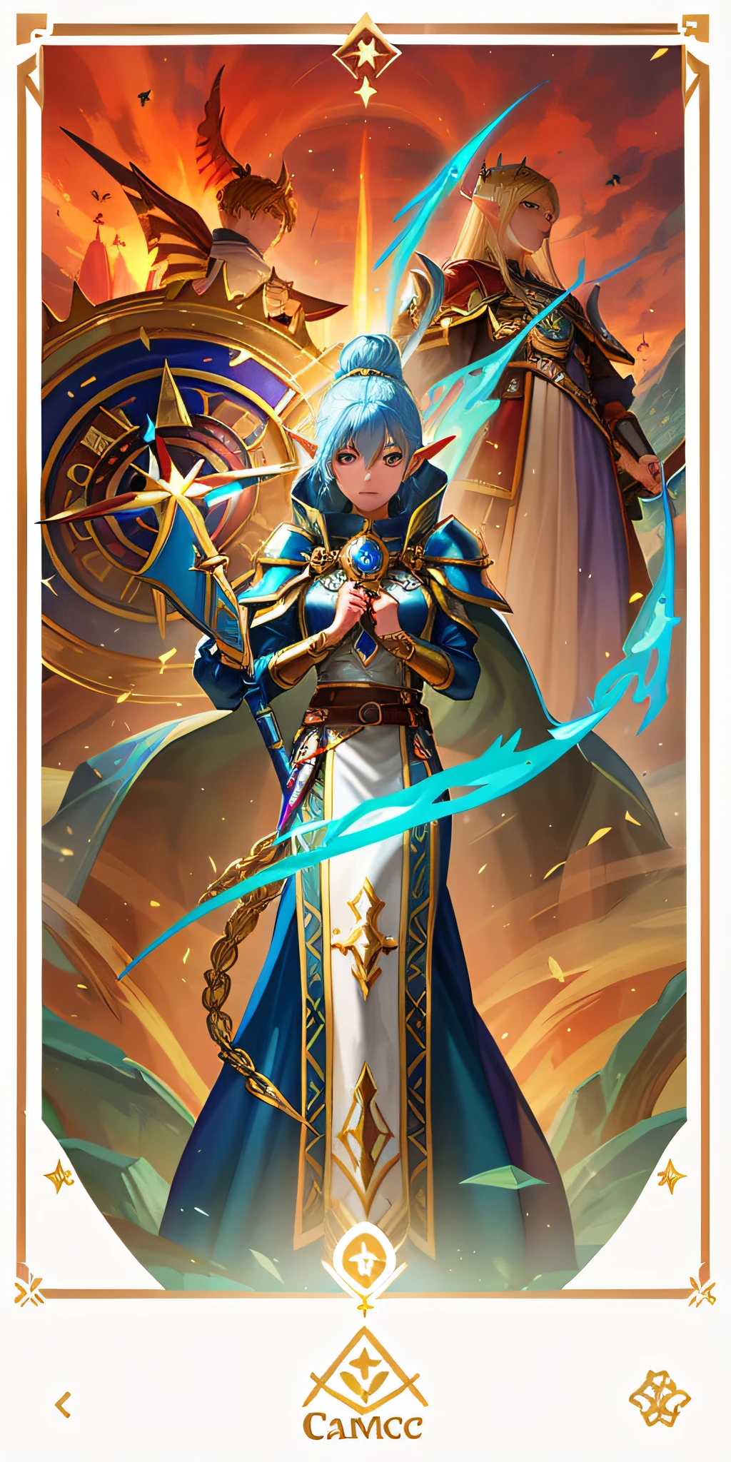 a closeup of a woman holding a sword in a painting, epic mage girl character, full portrait of elementalist, portrait of a female mage, sacred fire spell art, female cleric, fantasy card game art, female mage, handsome celestial mage, handsome female cleric, fantasy paladin woman, female mage!, elf priestess, V0id3nergy battle mage