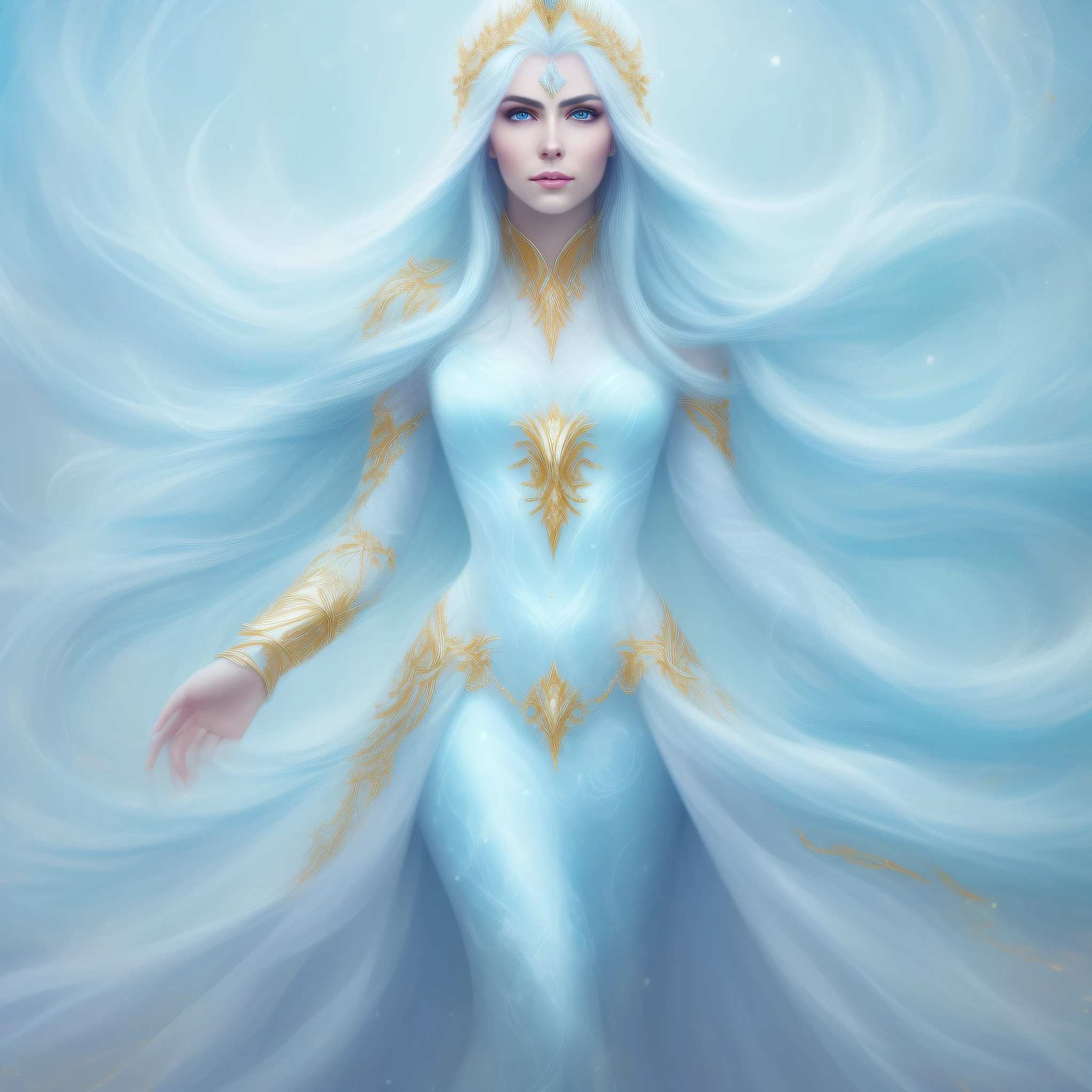 A beautiful woman with blue eyes and white hair and long white dress with full body gold details in the background in a setting with mystical ice queen on a winter night, clear facial features, well-detailed eyes, perfect face and perfect body, cinematic, intricate, 35mm lens, f/1.8 enhancement lighting, global lighting of ultra realism, very beautiful., underwater scene, ethereal, dreamy, pastel colors, flowing hair, digital painting, art station, conceptual art, smooth, sharp focus, trends in DeviantArt and artstation.