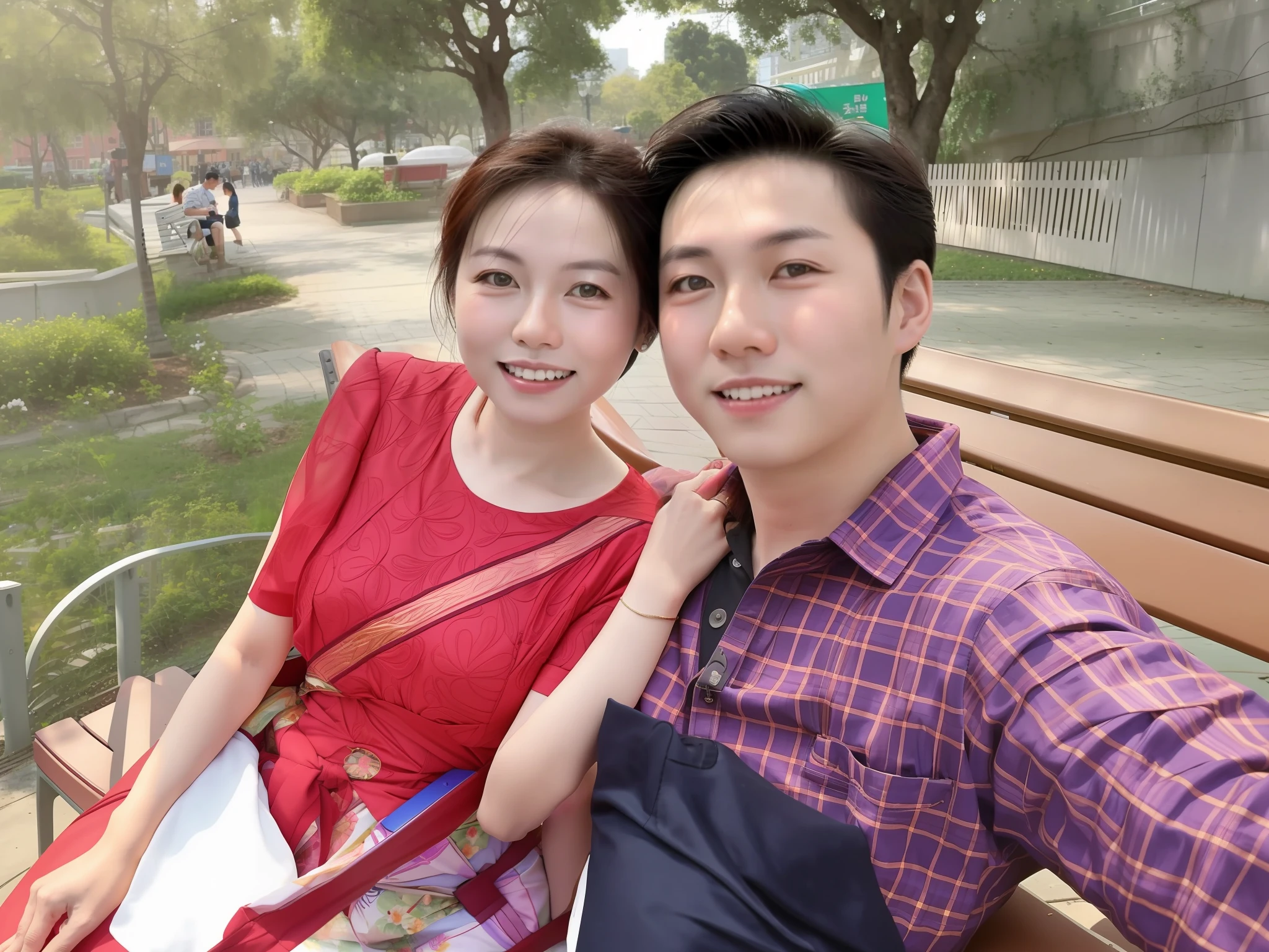 they are sitting on a bench together and posing for a picture, lovely couple, dang my linh, couple, hoang long ly, happy couple, photo taken in 2 0 2 0, nivanh chanthara, at a park, momma and papa, 8k selfie photograph, park in background, in city street, 3 0 years woman, with her long