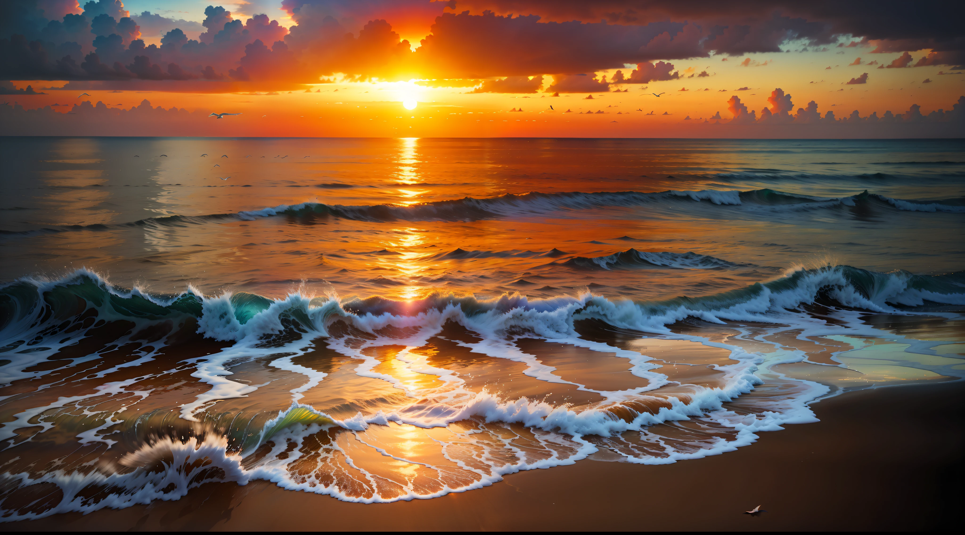 An absolutely mesmerizing sunset over the beach, with a blend of oranges, pinks, and yellows filling the sky. Crystal-clear waters of the sea gently kissing the shore, with sandy white beach stretching far and wide. The scene is dynamic and breathtaking, with seagulls soaring high in the sky and gently swaying palm trees. Take in the calming atmosphere and let the peacefulness wash over you.