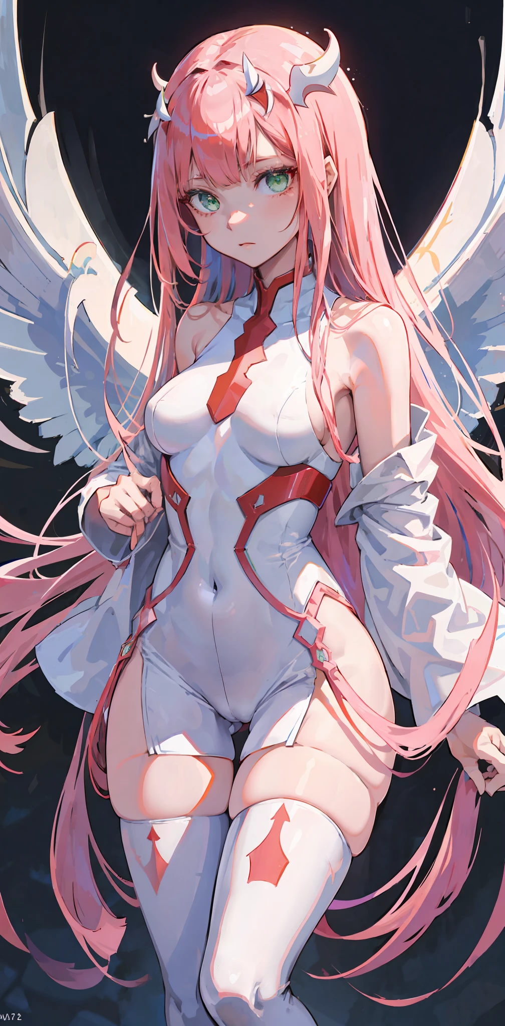 zero two \(darling in franxx\), darling in franxx, 1girl, bangs, bite, shadow, green eyes, horns, long hair, looking at the viewer, small breasts, big thighs, makeup, white bodysuit, pink hair, red eyeshadow, tight skin, solo