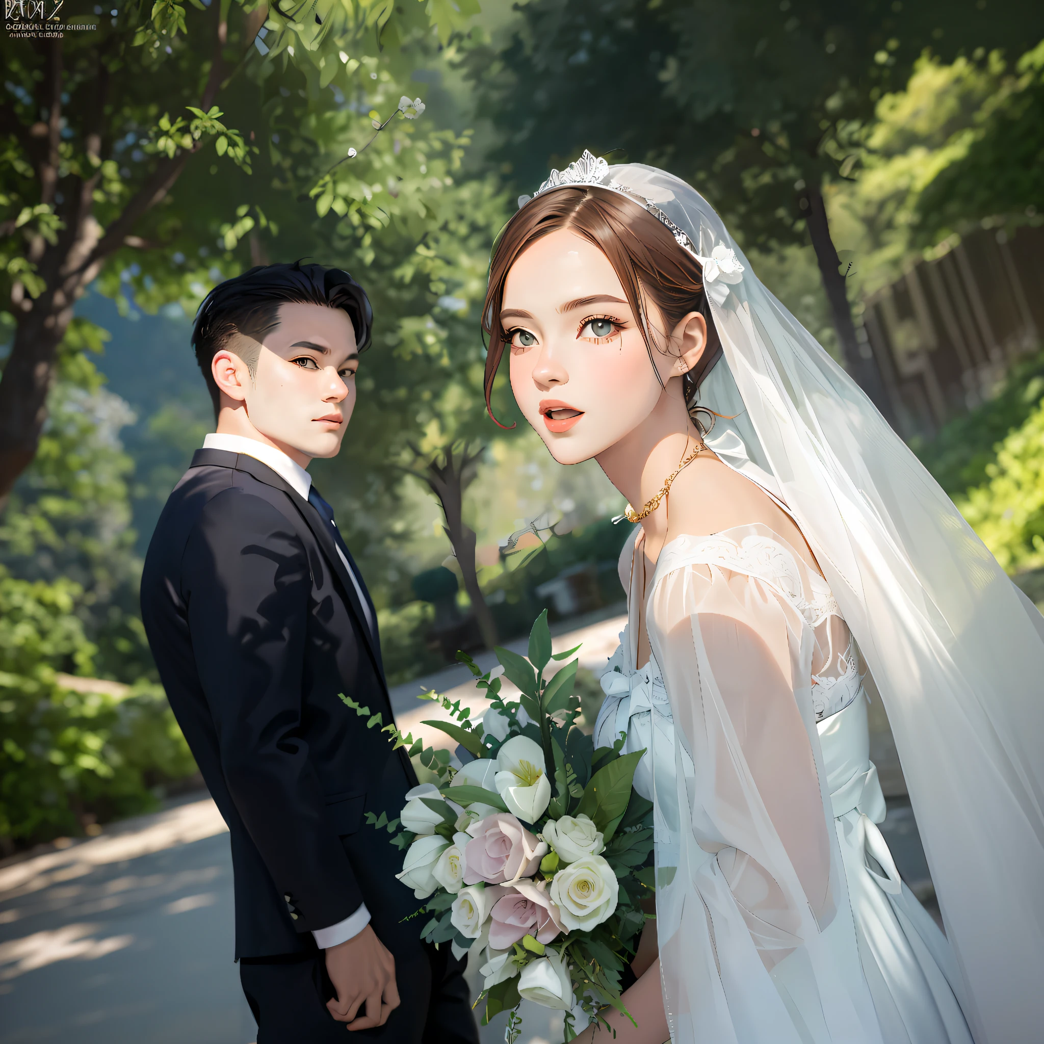 bride and groom in formal attire standing in a park, artwork in the style of guweiz, inspired by Yanjun Cheng, guweiz, photorealistic!!!!!!! art style, realistic artstyle, in the art style of bowater, realism artstyle, bride and groom, digital art of an elegant, smooth anime cg art, beautiful digital illustration, realistic art style