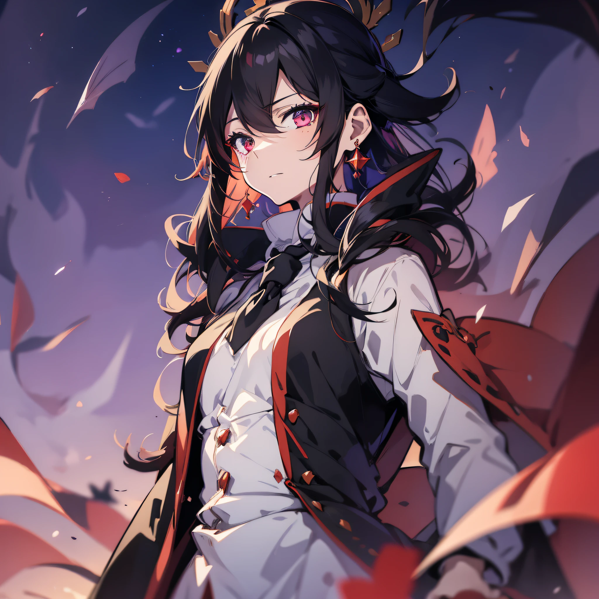 (black haired deity:1.3), (tall anime guy:0.9), (dark eyes:0.8), 1boy in a black coat and red tie, standing tall and proud prussia, hajime yatate, beautiful androgynous prince, delicate androgynous prince, anime style like fate/stay night, male anime character, anime handsome man, white background and a little star, crystal earrings, anime, illustration, anime style, depth of field, UHD, textured skin, high quality, high details, 4K, best quality, more detailed