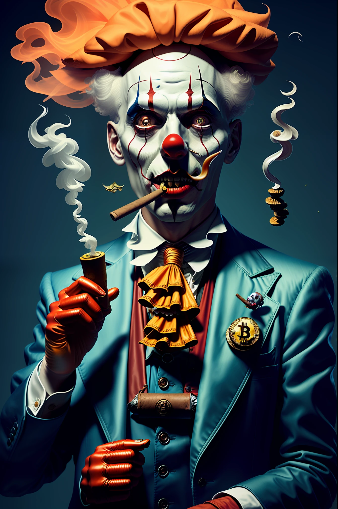 Macabre clown smoking cigar and holding bitcoin