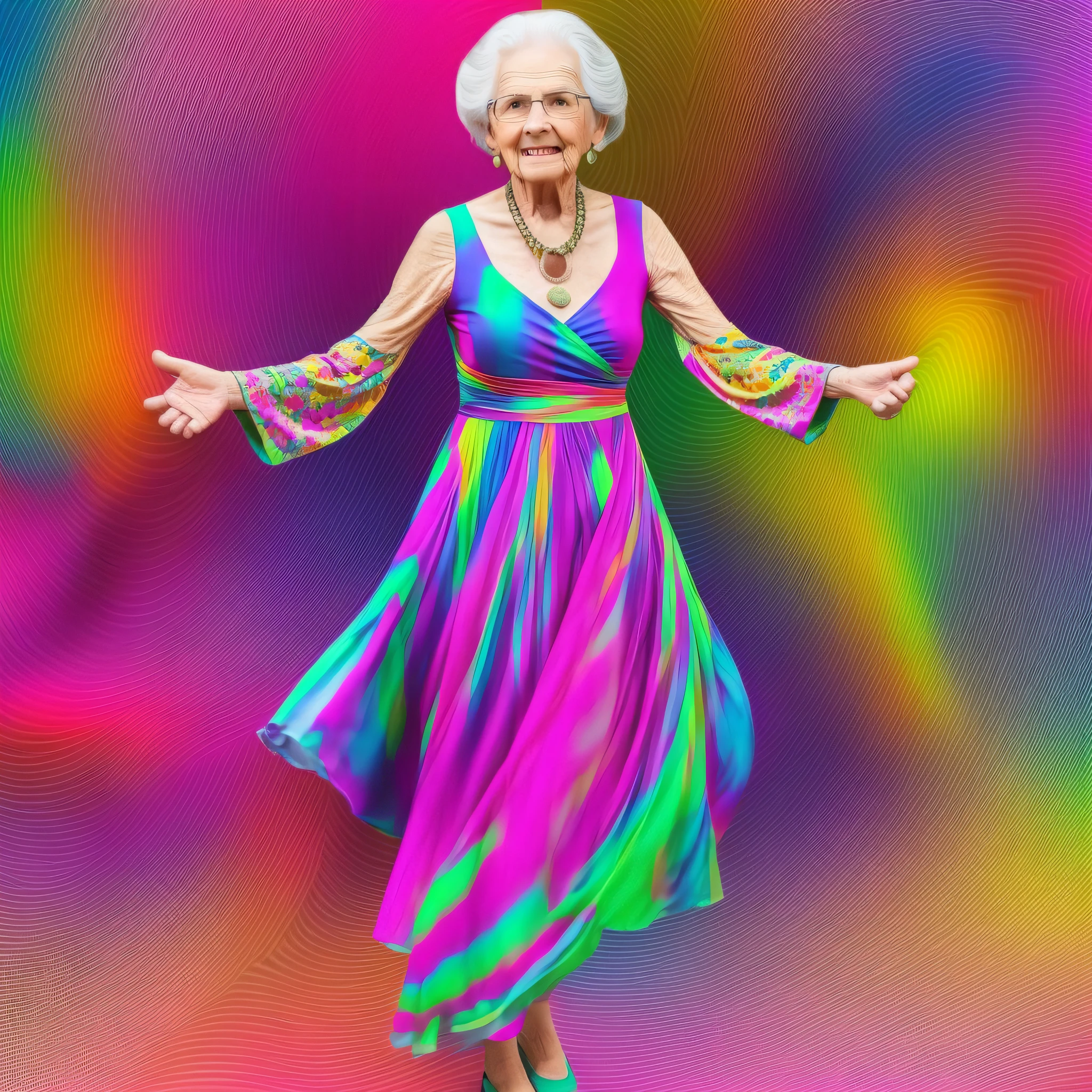 full body realistic elderly woman in a psychedelic dress dancing --auto --s2