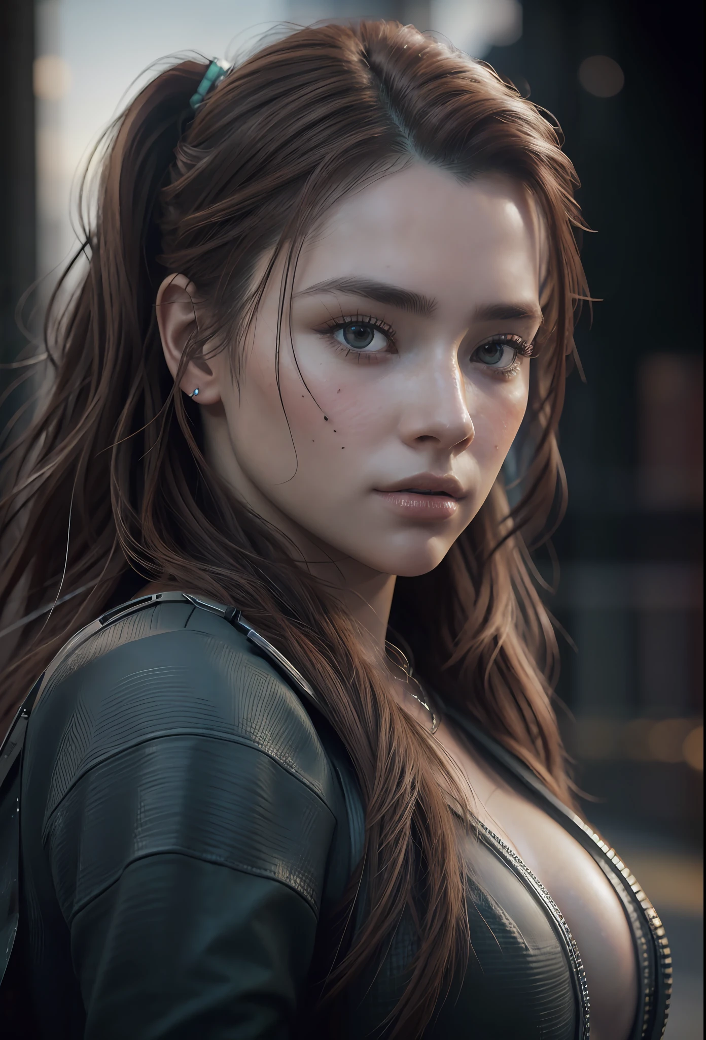 (Cinematic photo: 1. 3), ALOY (Horizon Zero Dawn) car hunter and hunter, ((full-length)), freckles on cheeks and nose, (large breasts), big ass emphasized, beautiful face, deep realism, realistic hair, detailed skin, depth of field, against Tar Cliff, perfectly symmetrical face, realistic proportions, complex, abstract, directional look, cinematic composition, super detailed, realistic, hyper-realistic, volumetric lighting, high-quality digital painting 8k, in the trend for artstation, Style-RustMagic, (beautiful: 1. 4),(attractive: 1.3), beautiful, running on the street of Rio de Janeiro - --auto --s2
