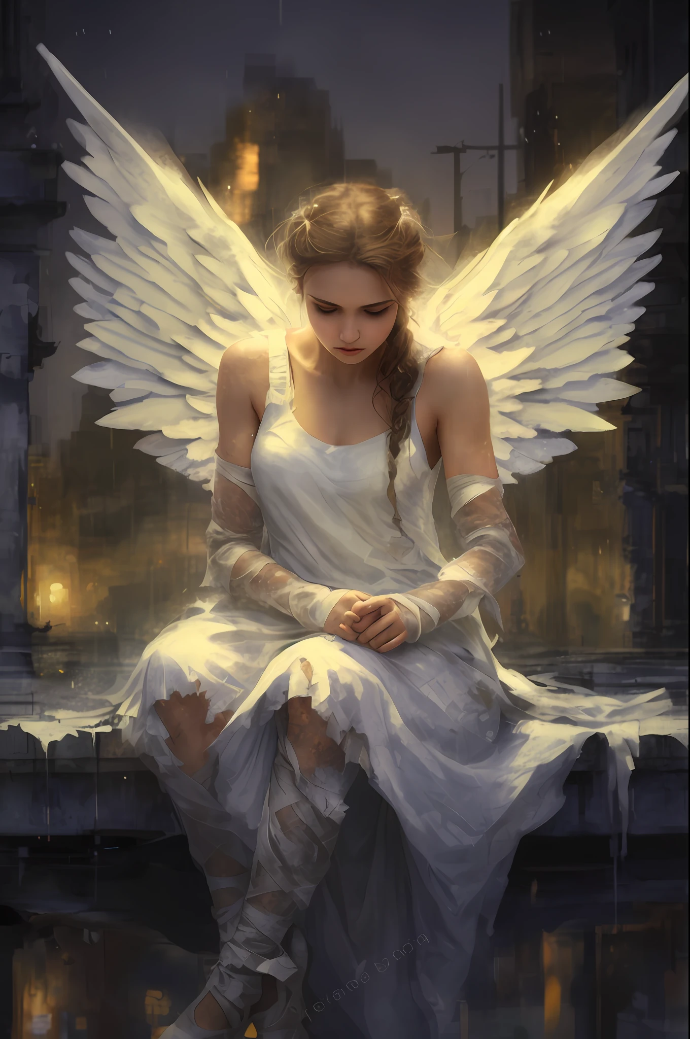 a woman with angel wings, in a white dirty torn dress with bandages on her arms and legs, sitting on a ledge, sitting against the background of yellow and blue lights, rain, muted colors, bokeh ((masterpiece, best quality)), high detail, detailed face, blood particles, full body