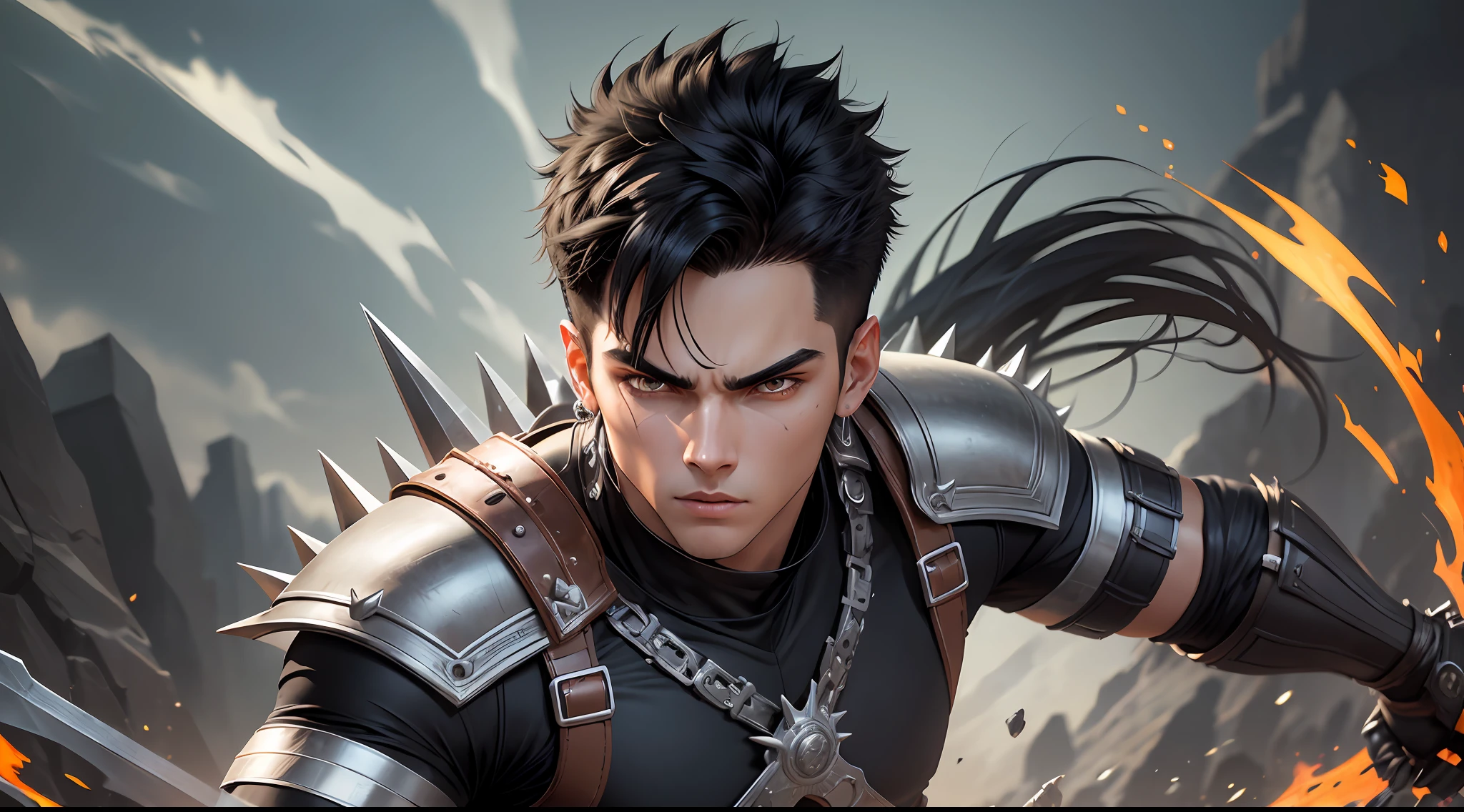 Original and unique authentic character, An athletic-looking young man with spiky black hair. He has intense, expressive eyes that shine with determination. He wears practical and functional clothing, with a unique costume that identifies him as the Bearer of Eternity. He carries a special sword with him, he is 20 years old. --auto --s2