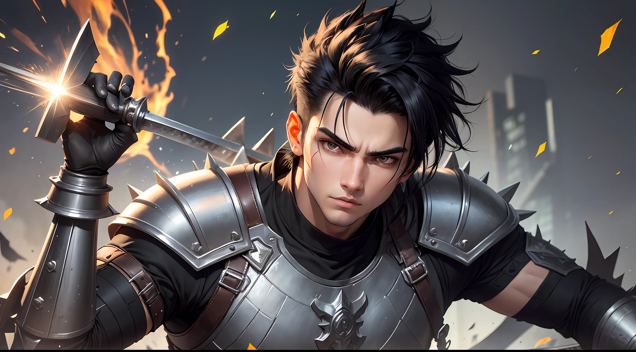 Original and unique authentic character, An athletic-looking young man with spiky black hair. He has intense, expressive eyes that shine with determination. He wears practical and functional clothing, with a unique costume that identifies him as the Bearer of Eternity. He carries a special sword with him, he is 20 years old. --auto --s2