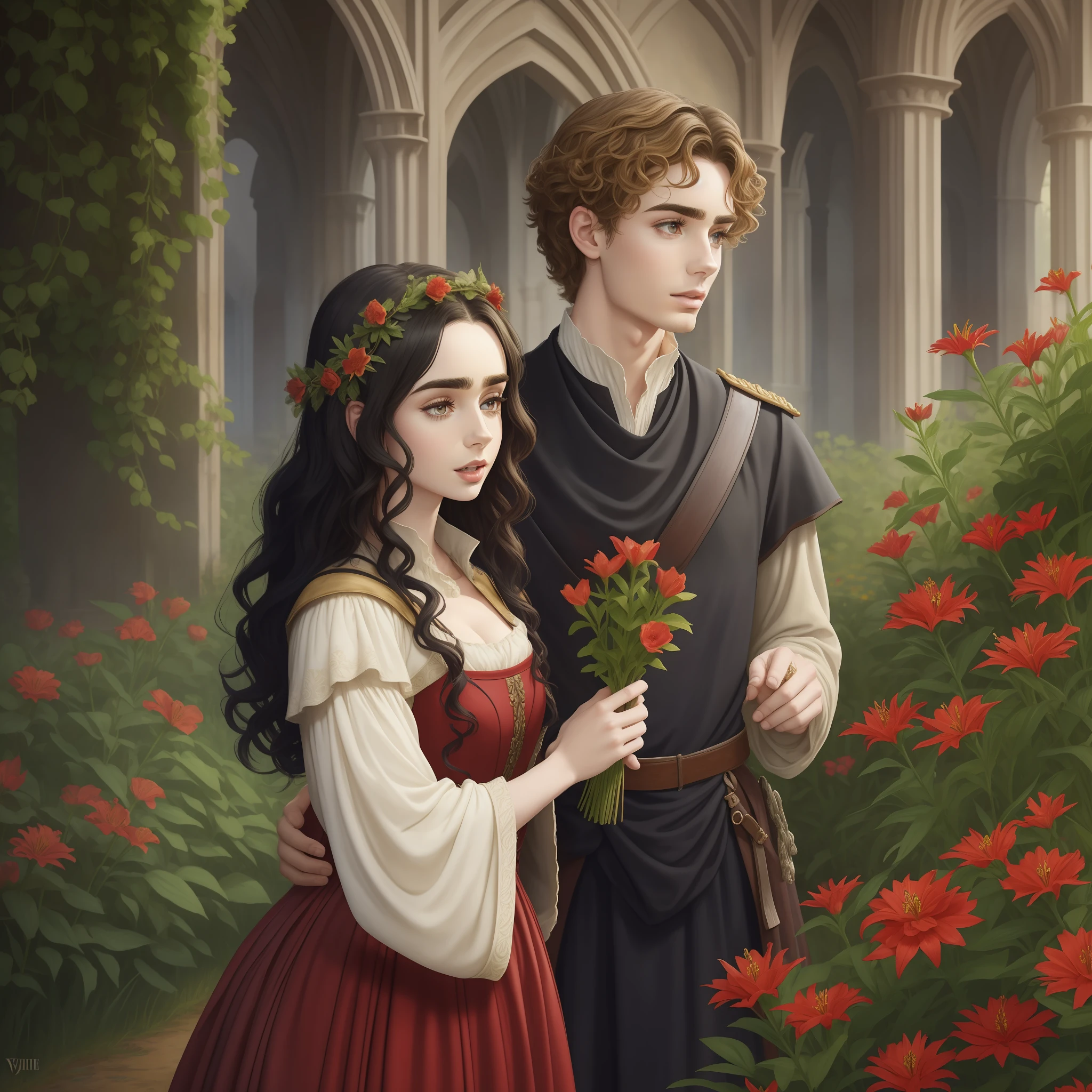 Lily Collins with curly black hair, in a faded red medieval dress, picking flowers in a garden; being observed by Prince Neels Visser who has blonde hair dressed in medieval military prince uniform, romance book scene, masterpiece, best quality, ultra-detailed, illustration