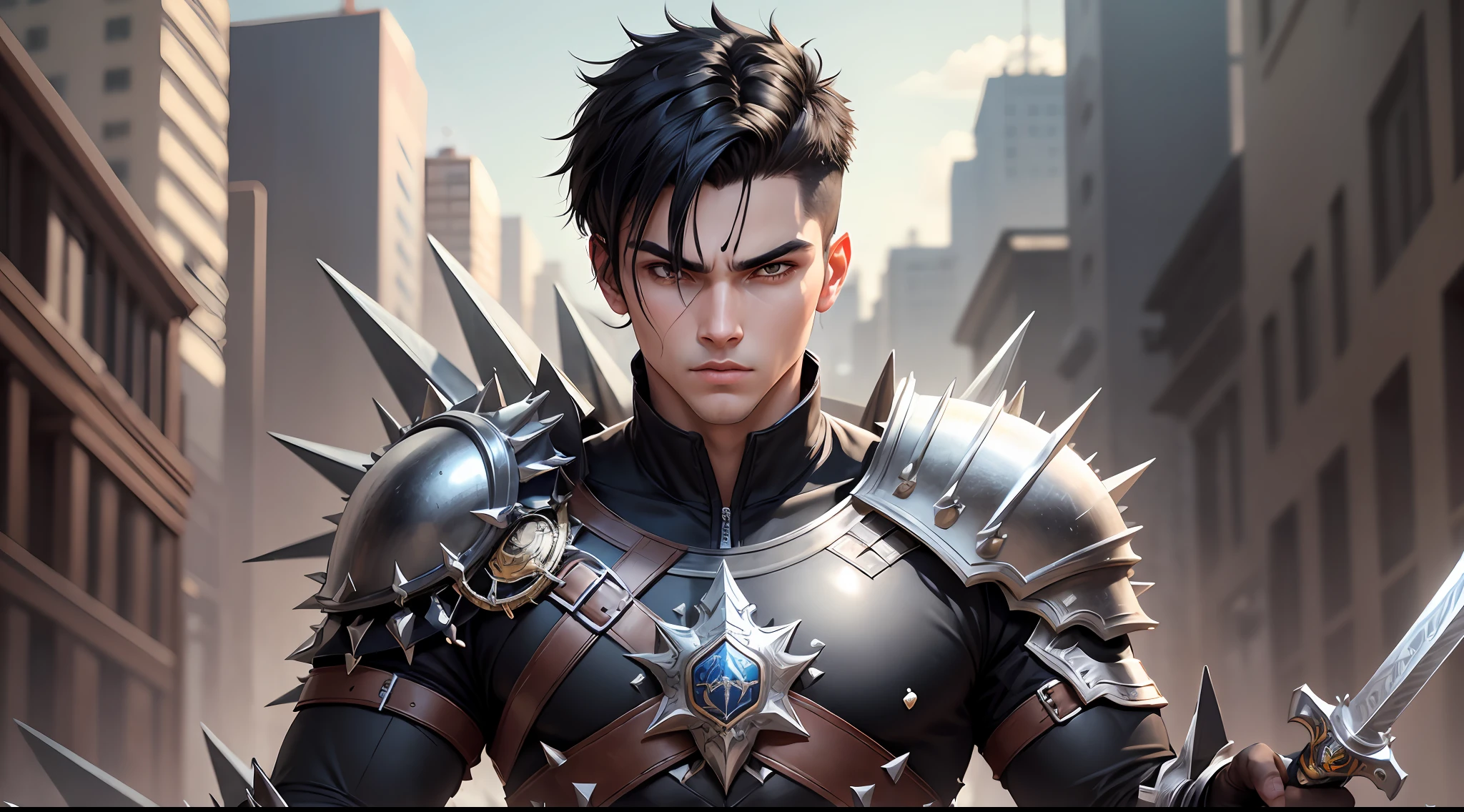 Original and unique authentic character, An athletic-looking young man with spiky black hair. He has intense, expressive eyes that shine with determination. He wears practical and functional clothing, with a unique costume that identifies him as the Bearer of Eternity. He carries a special sword with him, he is 20 years old. --auto --s2