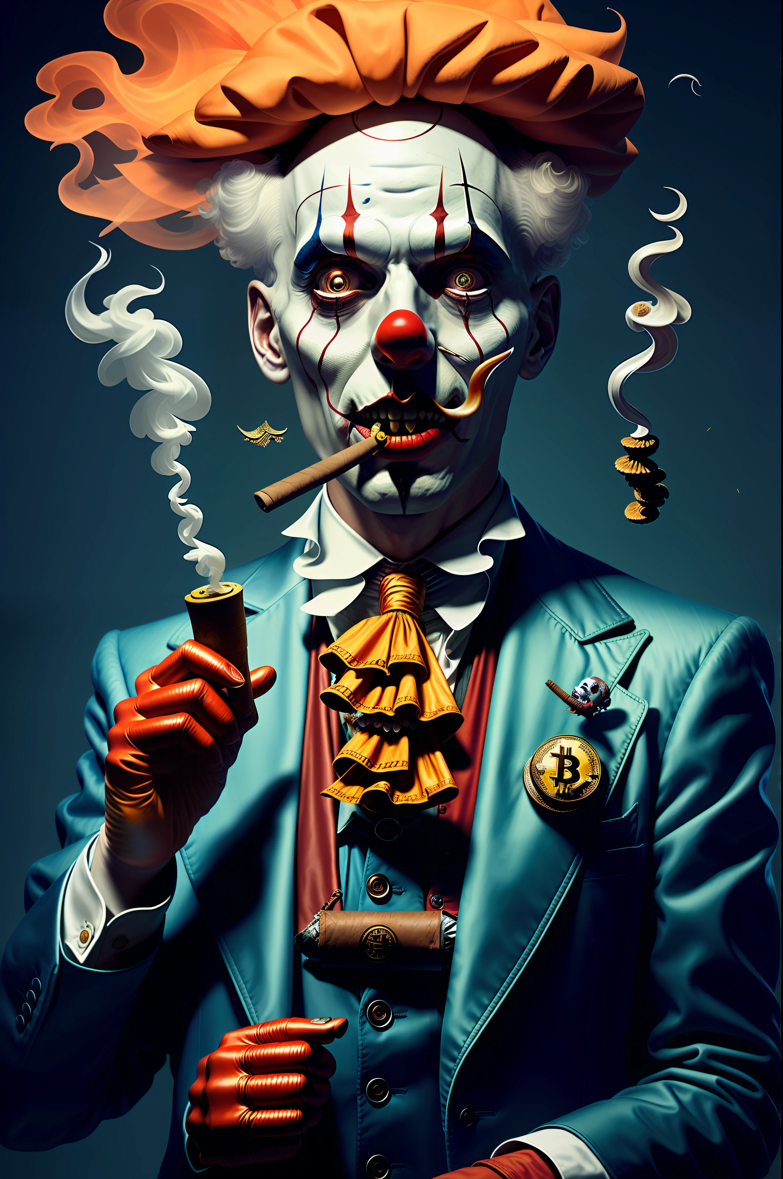 Macabre clown smoking cigar and holding bitcoin