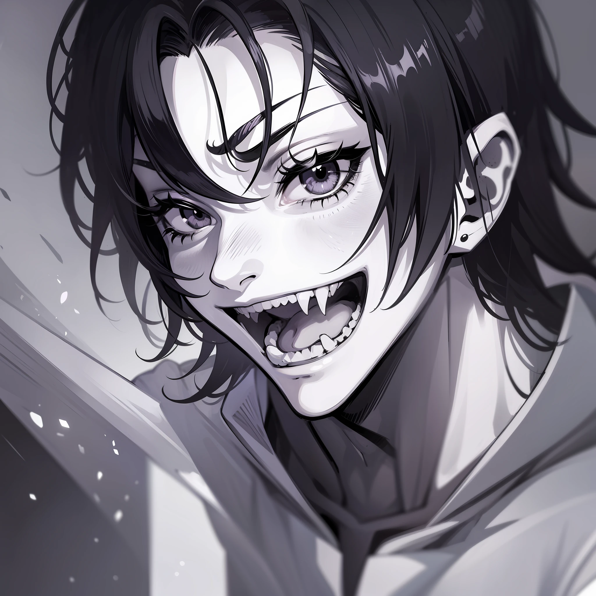 Anime men character, mid-lenght black hair, black eyes, villain, psycho, smiling, psychopath, B&W filter, manga style