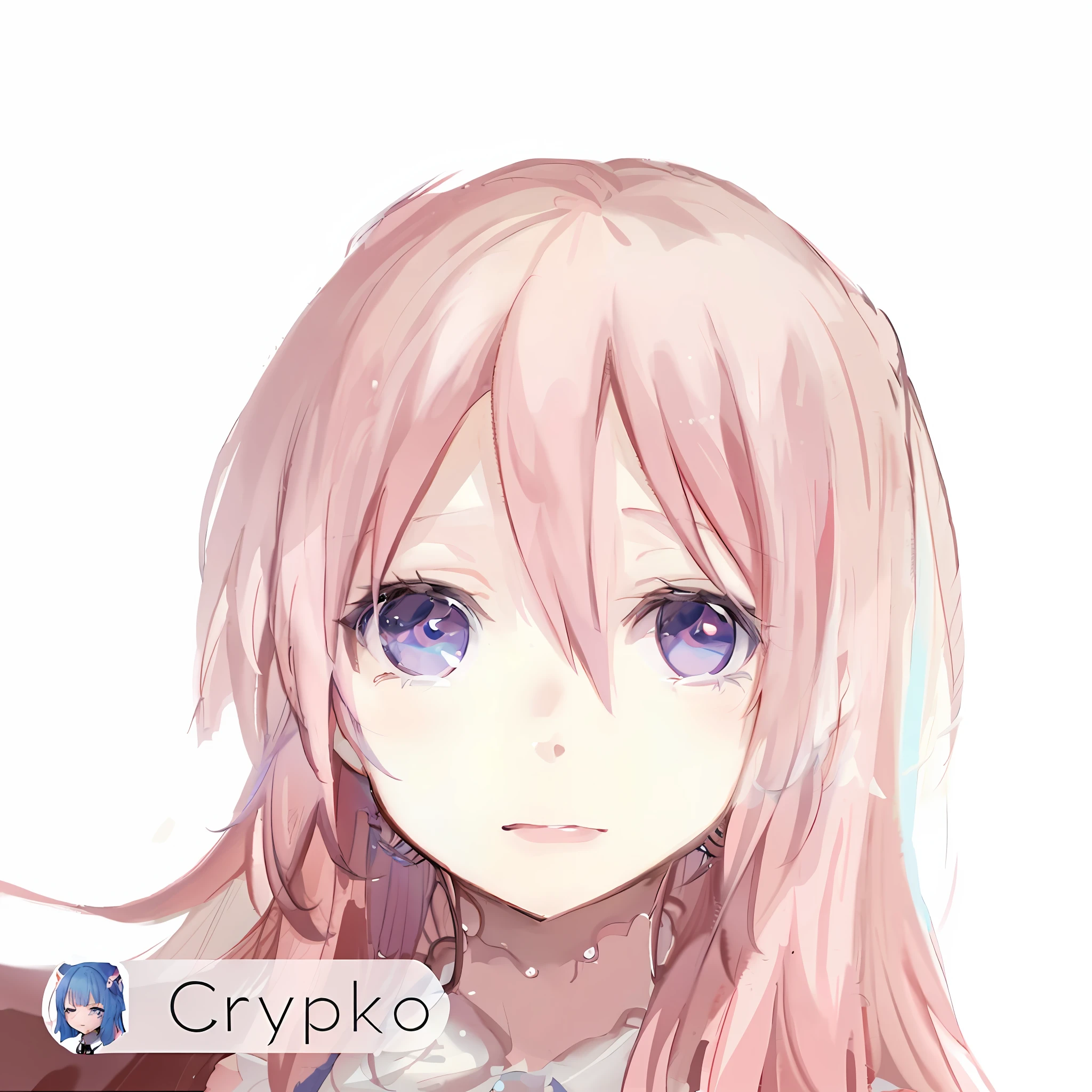 anime girl with pink hair and blue eyes with a white background, cryptopunk, anime style portrait, kawaii realistic portrait, crystall, portrait of an anime girl, crypto, anime portrait, portrait of a crying ai artist, anime girl portrait, semirealistic anime style, portrait anime girl, cryptid, cute anime girl portrait, realistic anime artstyle, nft portrait