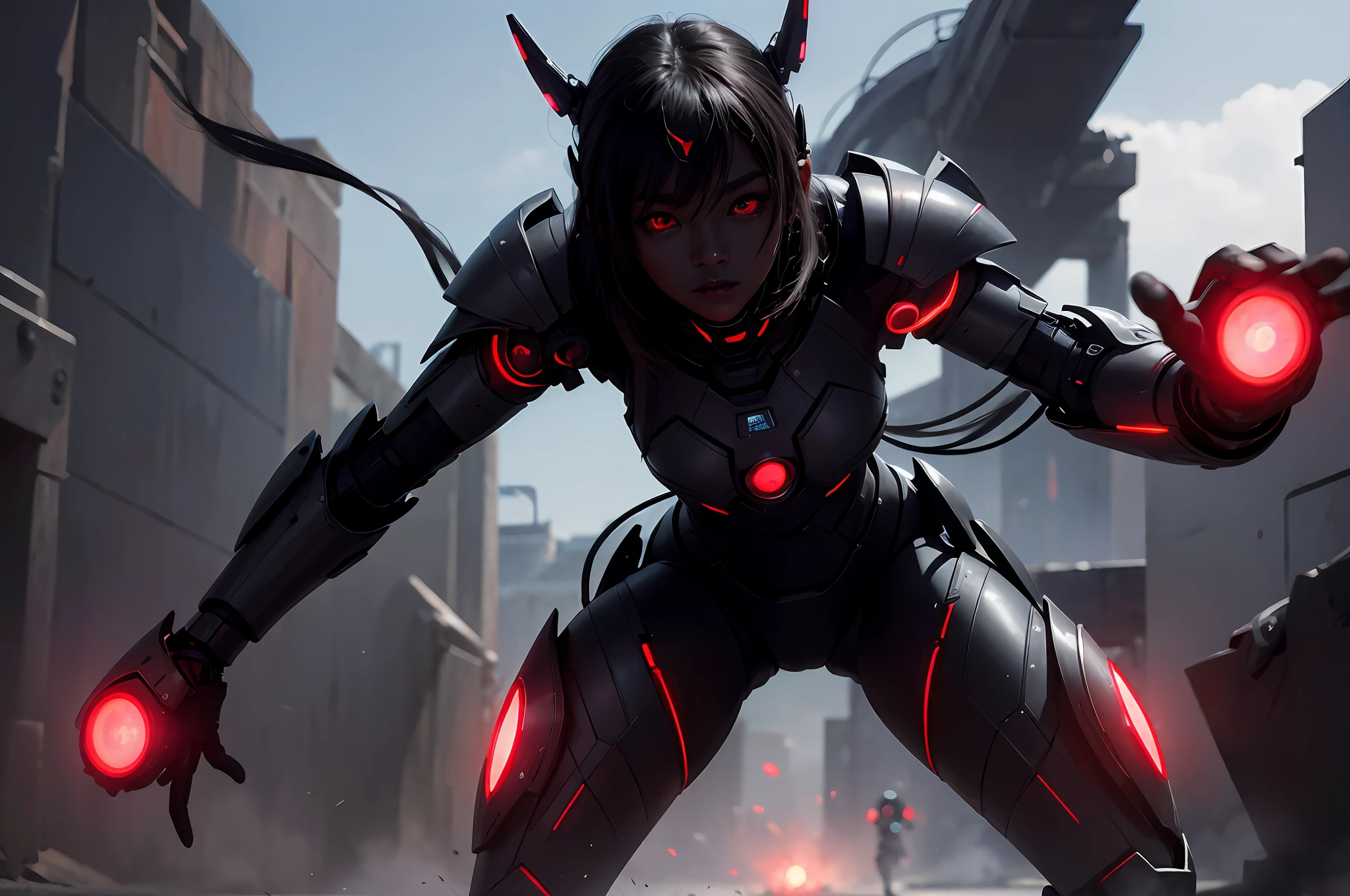 6girls, army of beautiful dark-skinned Chinese lesbian aliens invading Earth, (red glowing eyes), (cybernetic armor) --v 6