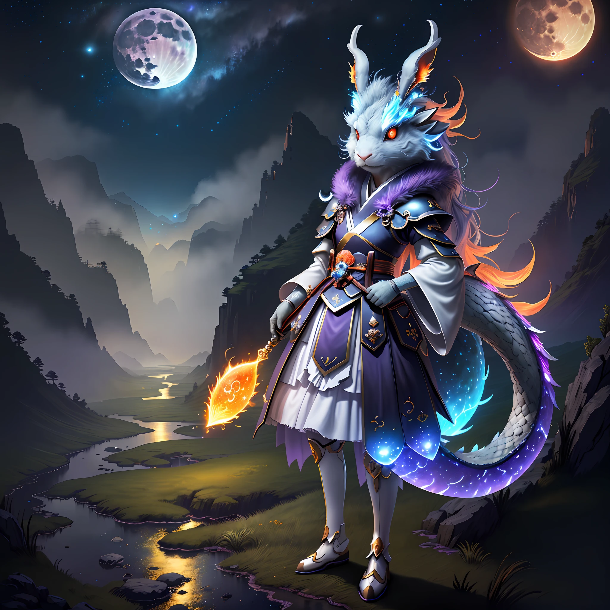 Vast landscape photos, (looking at the sky and the wilderness below), "A rabbit, magical, anthropomorphic, girl, angry expression, glowing eyes, Wanruo mask, Hanfu, background of ancient Chinese streets, night." Genshin Impact Impact, Best Quality, High Detail, High Quality, Ultra High Resolution, OC Rendering, 8K" Standing in a Flower Field and Looking Up, (Full Moon: 1.2), (Meteor: 0.9), (Nebula: 1.3), Far Away Mountains, Tree Breaking Making Art, (Warm Source: 1.2), (Firefly: 1.2), Lights, Purple and Orange, Intricate Details, Volumetric Lighting BREAK (Masterpiece: 1.2), (Highest Quality), 4K, Ultra Detailed, (Dynamic configuration: 1.4), Highly detailed and colorful details (rainbow color: 1.2), (Sparkling lighting, atmospheric lighting), Dreamy, magical, (Solo: 1.2), (Ying Dragon God), (Through the clouds), (Top of the mountains), (Complex), (Super Detail), (Starry Sky Background), (Stout Limbs), (Moon Night), (Ultra Clear), (Best Quality),