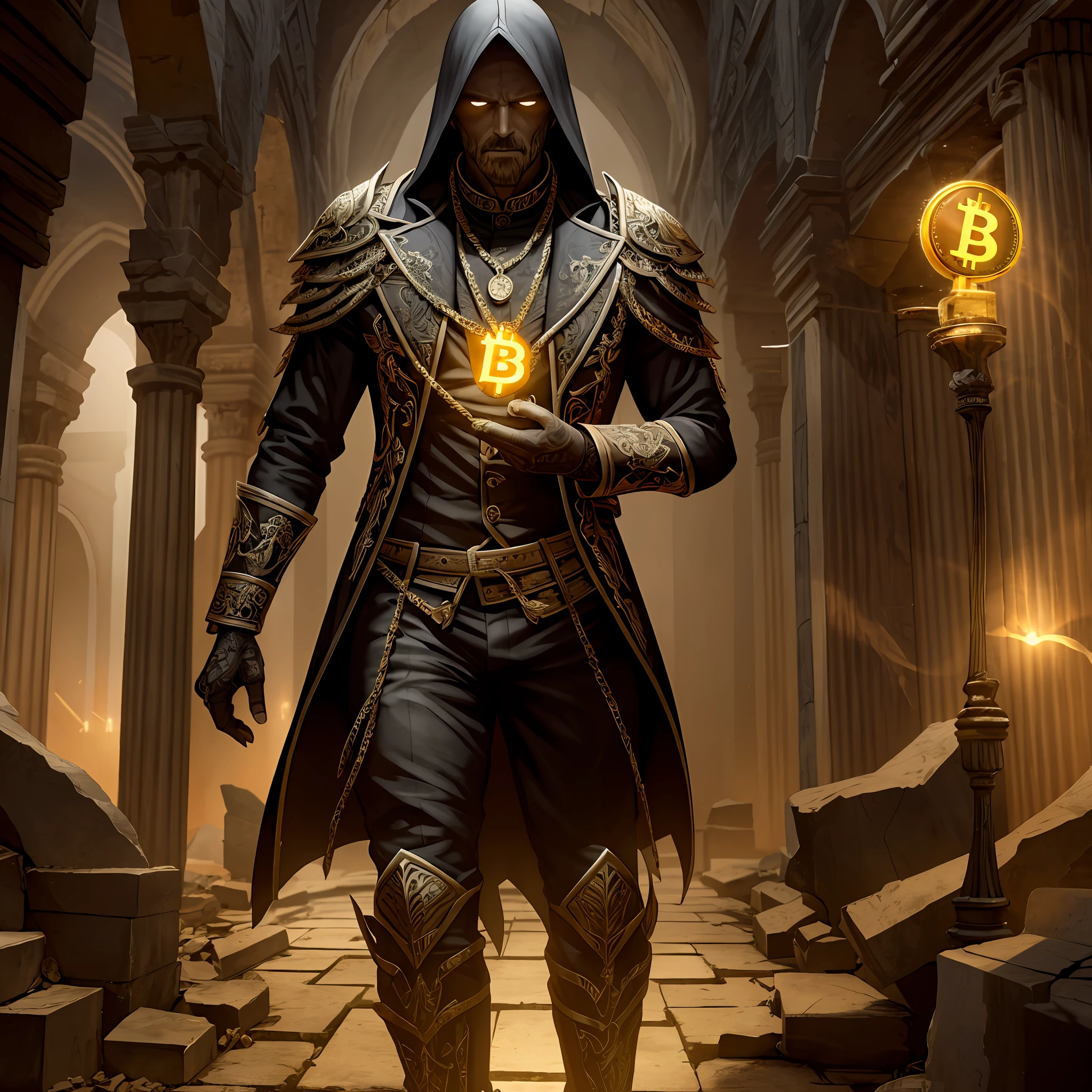 (extremely detailed 8k wallpaper),a medium shot photo of a fearful necromancer, Intricate, High Detail, dramatic, holding a glowing bitcoin on left hand, walking inside ancient ruin