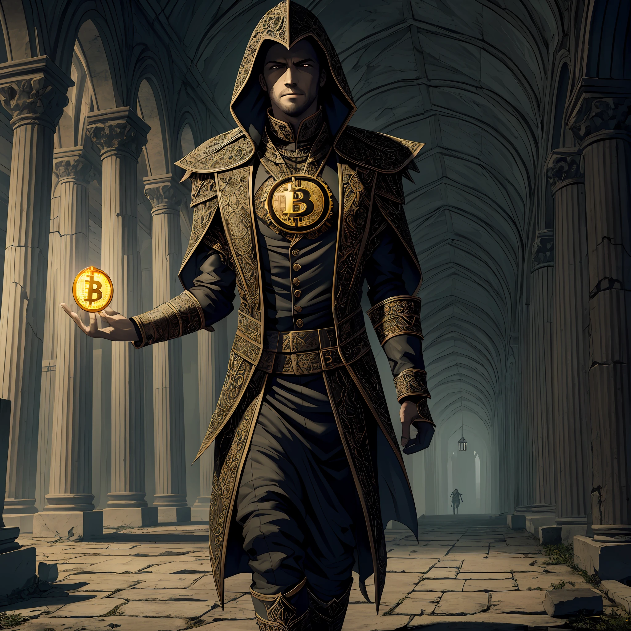 (extremely detailed 8k wallpaper),a medium shot photo of a fearful necromancer, Intricate, High Detail, dramatic, holding a glowing bitcoin on left hand, walking inside ancient ruin