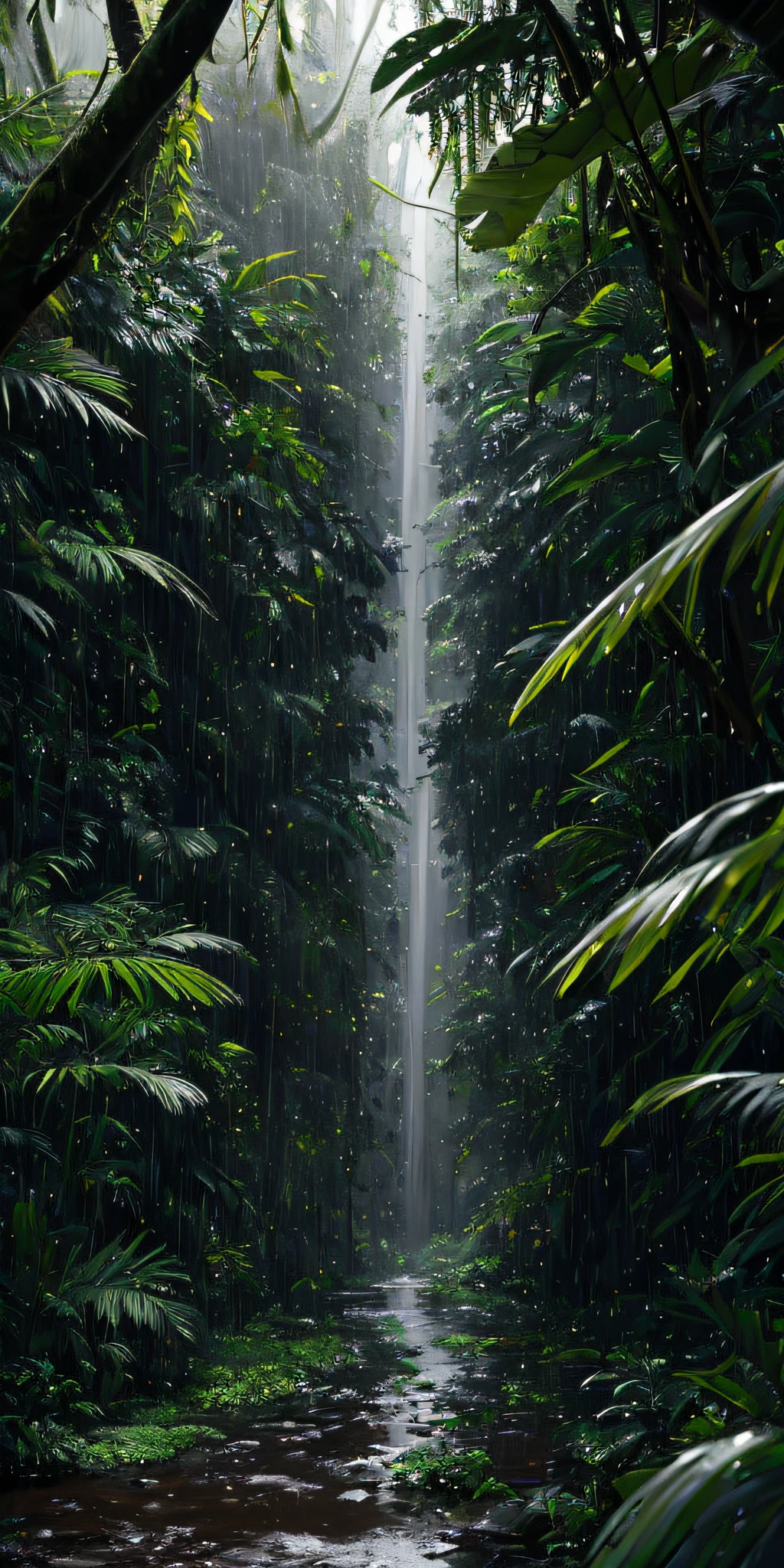 A jungle, with intense rainfall, monochromatic, vines all around, giant and wet trees, masterpiece, best quality, high quality, extremely detailed CG unity 8k wallpaper, oil paiting, award winning photography, Bokeh, Depth of Field, HDR, bloom, Chromatic Aberration ,Photorealistic,extremely detailed, trending on artstation, trending on CGsociety, Intricate, High Detail, dramatic, art by midjourney, volumetric lighting