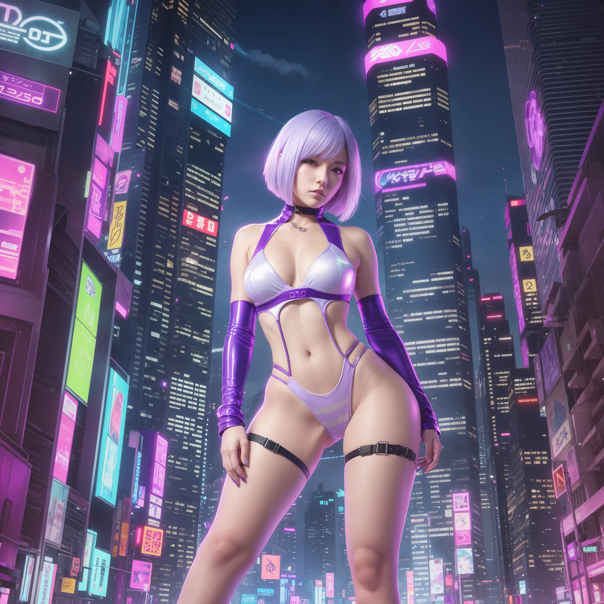 Cyberpunk, anime like, full body, purple hair, woman, city at night, vaporized background, blue backlight, sci-fi swim suit, swim suit tech , transparent clothes, downtown, photo of body, sexy , Bob cut hair, white hair --auto --s2