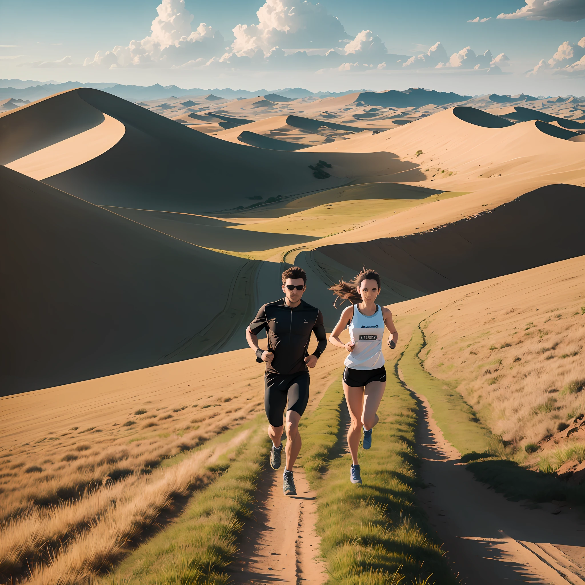 A man and a woman run across the steppe. Photo level, highest quality 8k --auto --s2
