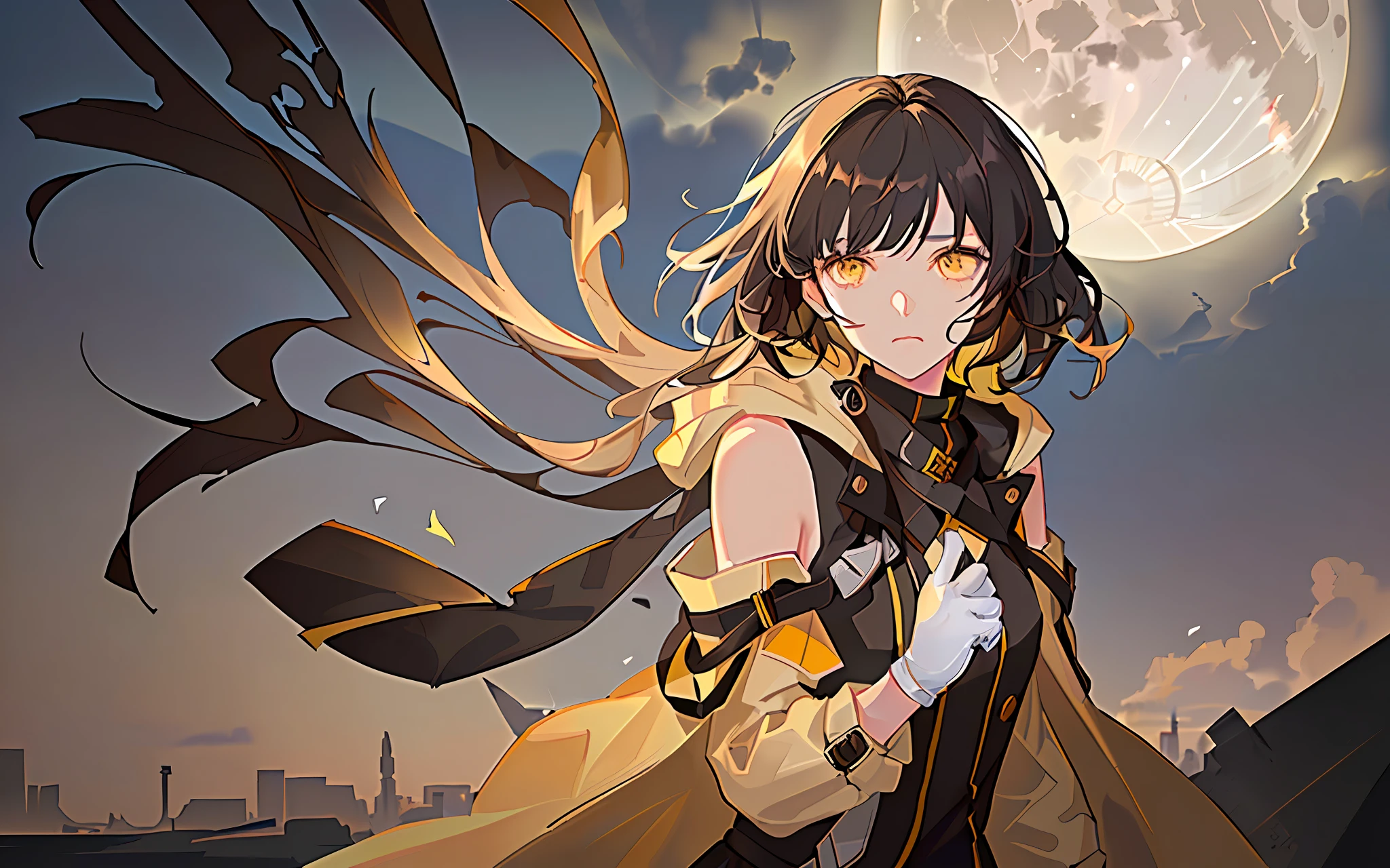 (best quality, masterpiece), (1girl, trench coat, expression face, black yellow eyes, shoulder-length short brown hair, hood, white gloves, look away, closed mouth, upper body), (less light, full moon, cracked city background, sandstorm, floating debris behind, abandoned place, yellow dust sky, lightning),