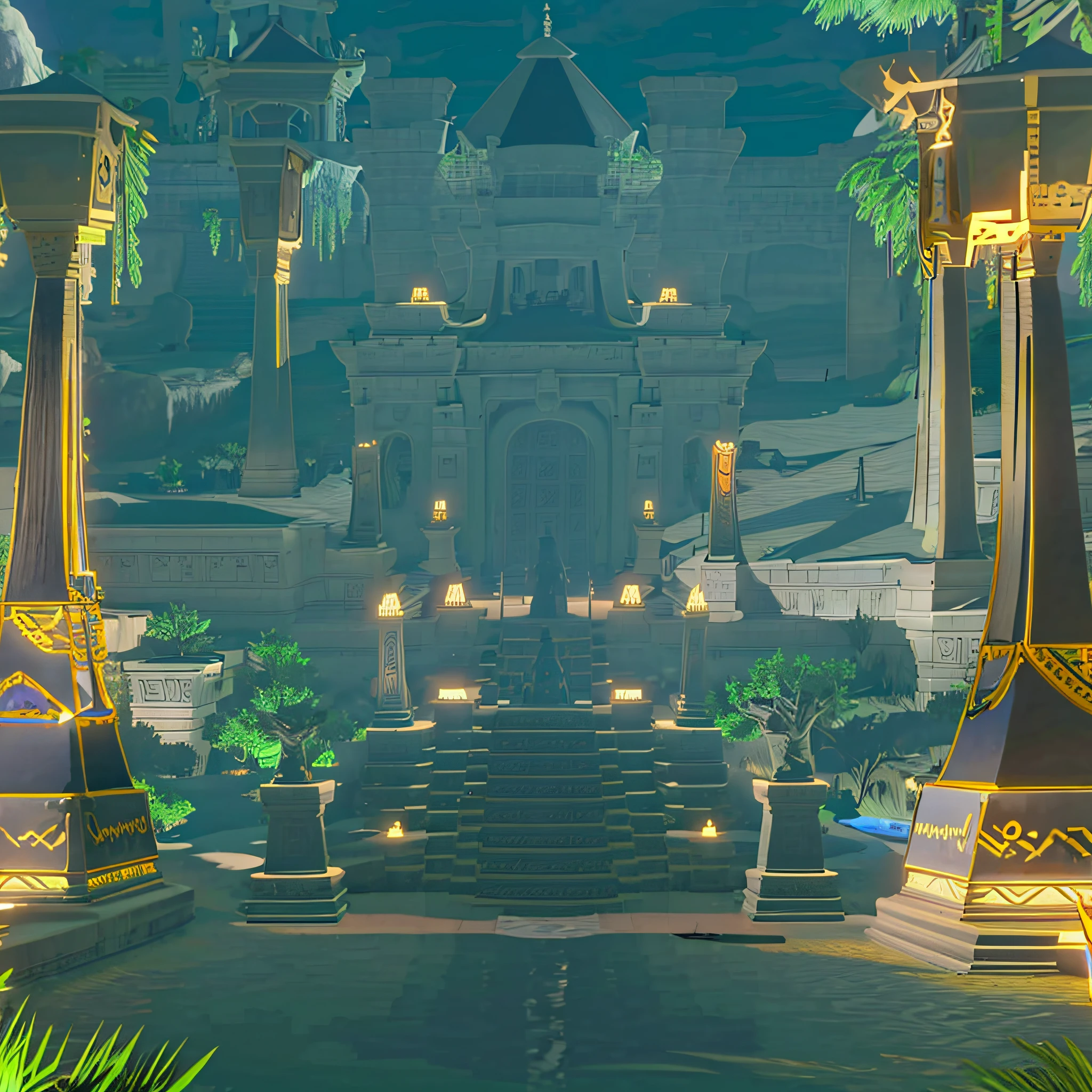 hanging garden of babilonia with thermal waters and fountains, pyramids with gold details, white marble pilasters, palm trees in the environment, at night, with lit torches