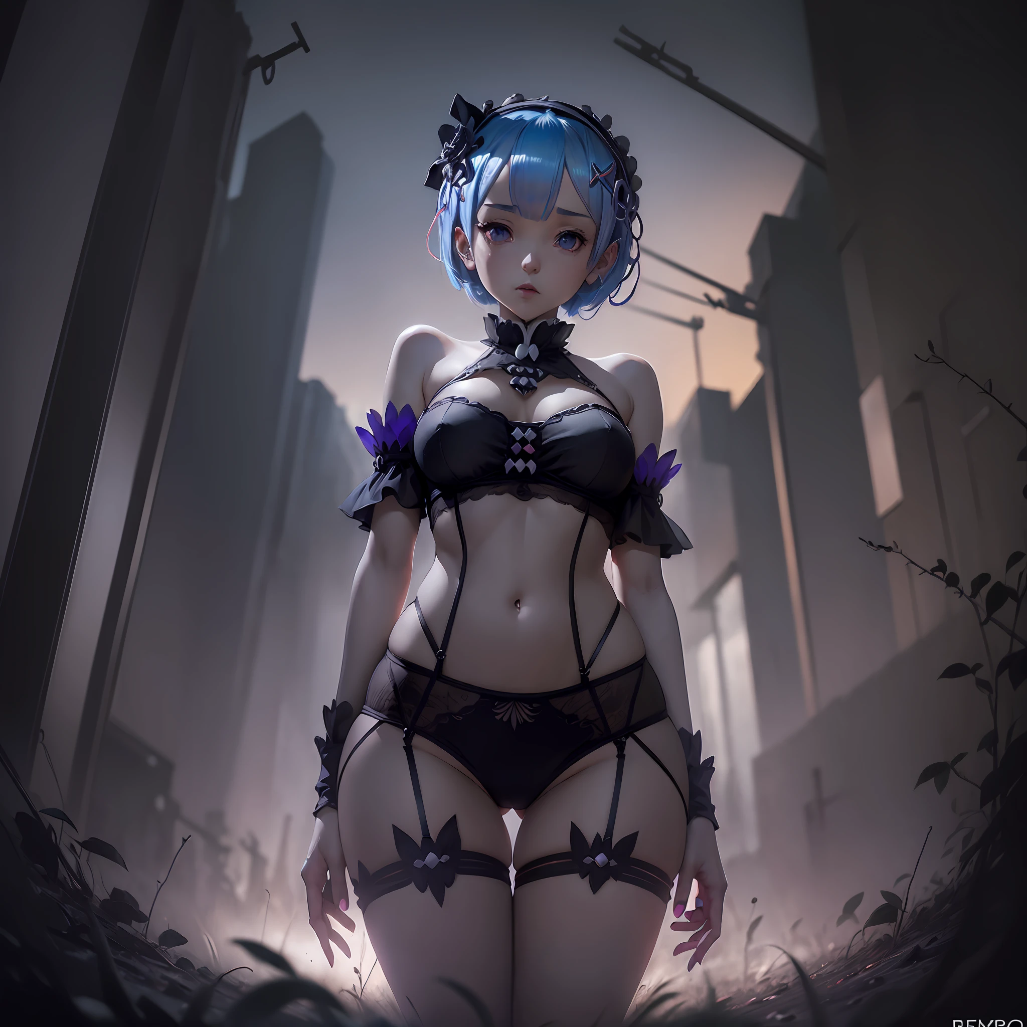 (((Rem from Rezero))) proportional body, Sexy pose Masterpiece ,Best quality, (Micro lingerie), (Dark ambient), light focus the body, dark abandoned  landscape, light particle, dark night, contrast, view from below, deep of view,