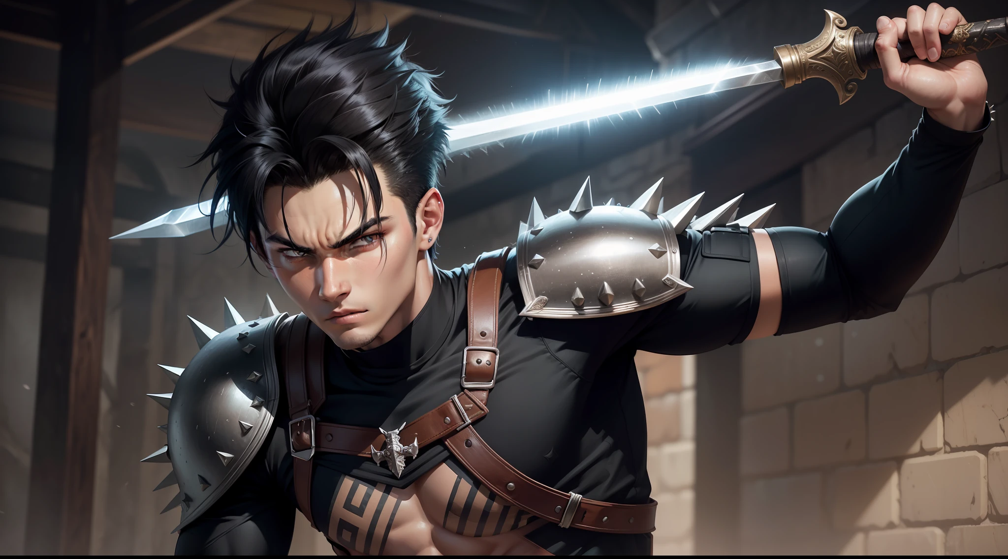 Original and unique authentic character, An athletic-looking young man with spiky black hair. He has intense, expressive eyes that shine with determination. He wears practical and functional clothing, with a unique costume that identifies him as the Bearer of Eternity. He carries a special sword with him, he is 20 years old.