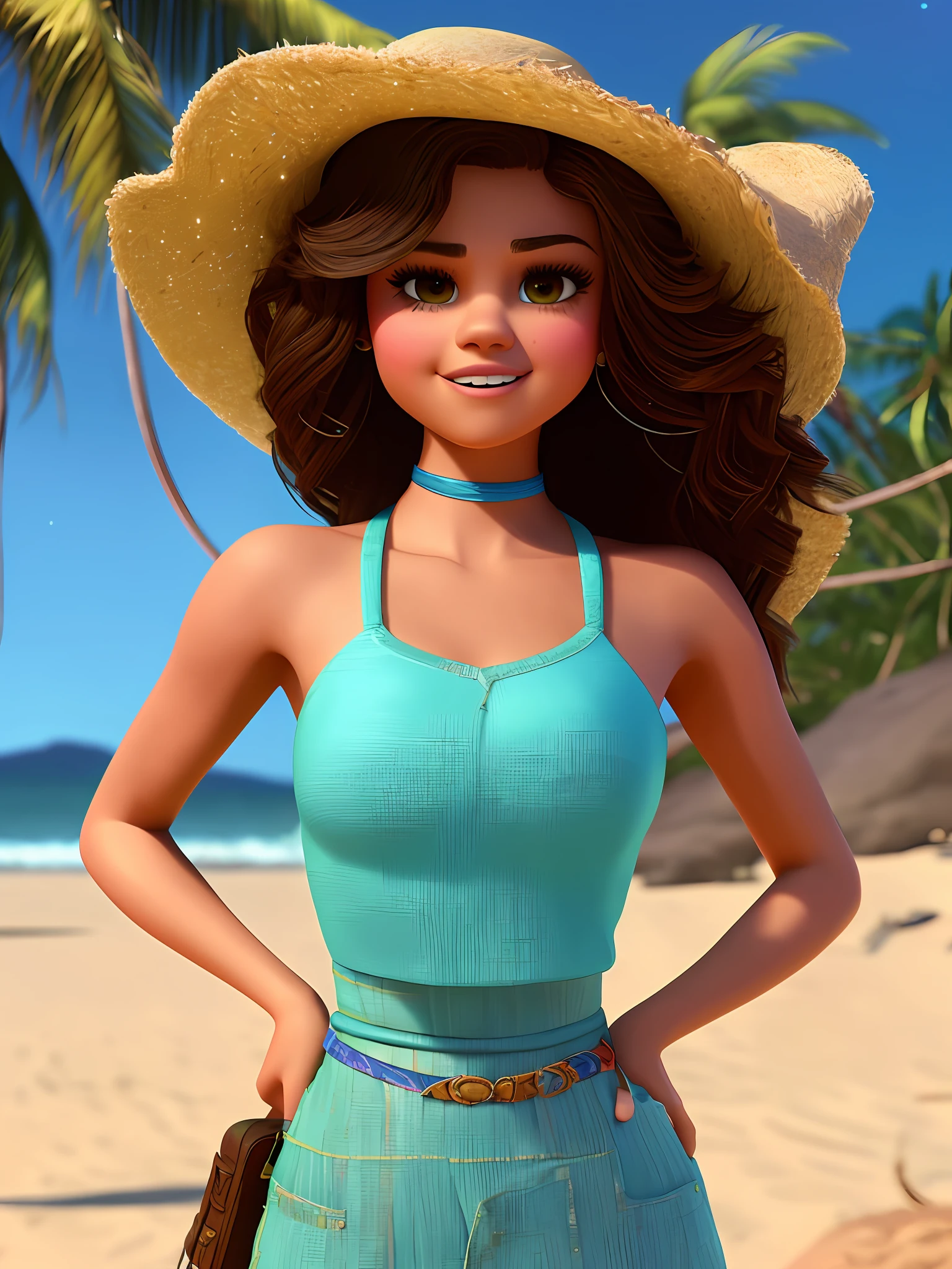 pixarstyle a waist-high portrait of Selena Gomez semi nude, smile, beach, natural skin texture, textures 4k, hdr, intricate, highly detailed, sharp focus, cinematic visual, hyper-detailed