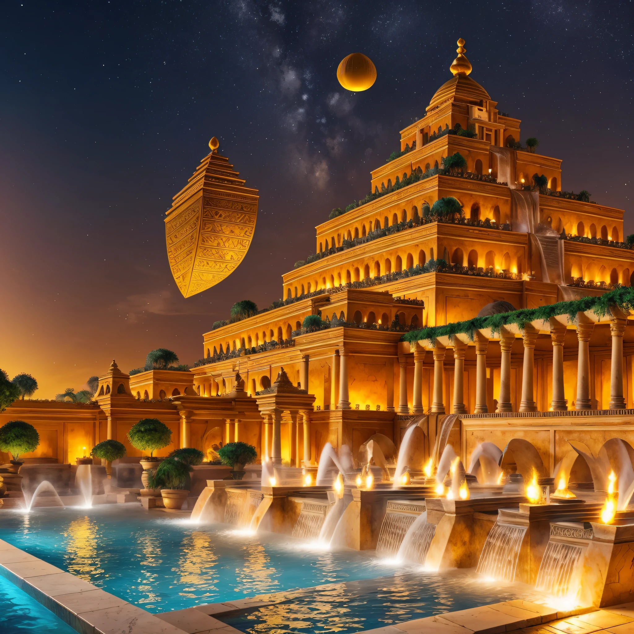 Hanging garden of Babylon with hot springs and fountains, pyramids with golden details, white marble pilasters, palm trees in the environment, at night, with lit torches --auto --s2