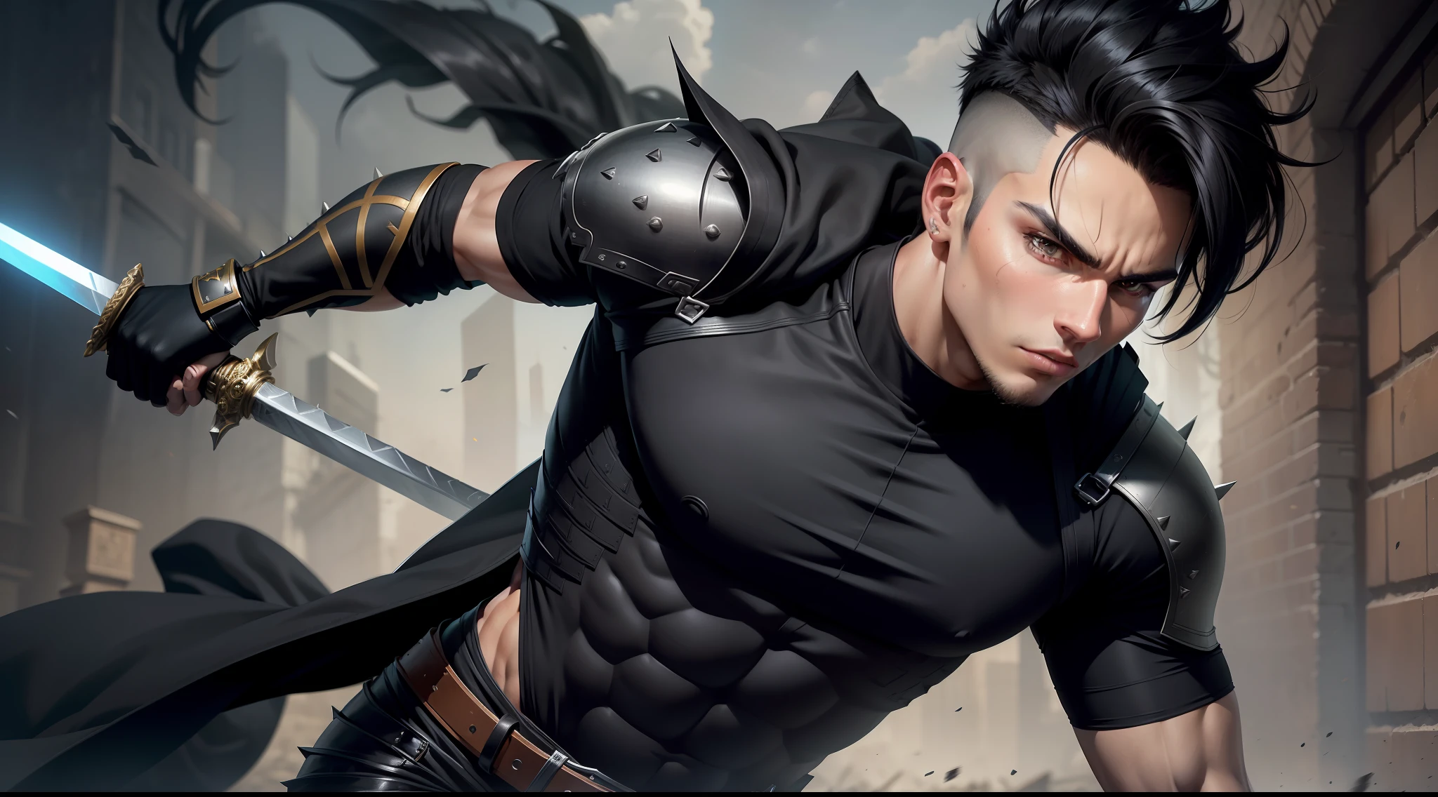 Original and unique authentic character, An athletic-looking young man with spiky black hair. He has intense, expressive eyes that shine with determination. He wears practical and functional clothing, with a unique costume that identifies him as the Bearer of Eternity. He carries a special sword with him, he is 20 years old.