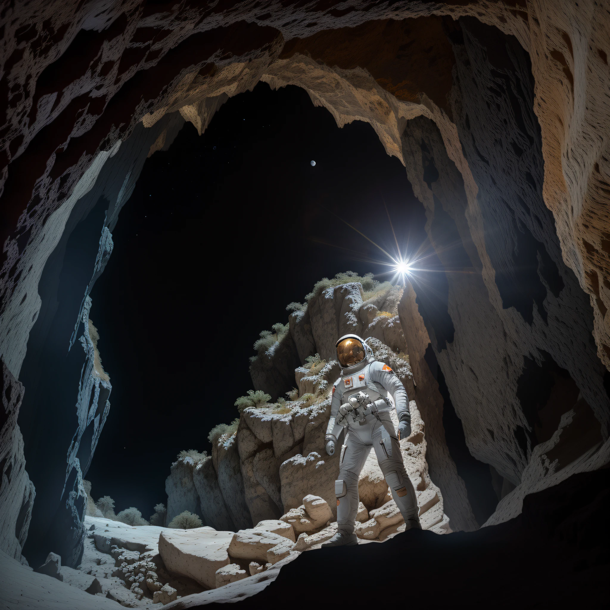 (high quality), Renaissance, (dynamic pose), by Leonardo da Vinci, astronaut, intricate spacesuit, ((cave entrance)), white light, astronaut with suit in shades blue, gray, white, orange, dynamic pose, cinematic, (good anatomy), (good proportions), award-winning, masterpiece, wide viewing angle, Canon 18mm lens, Renaissance painting style, (Renaissance), moon in the sky and ruins at the exit of the cave, some exotic plants.