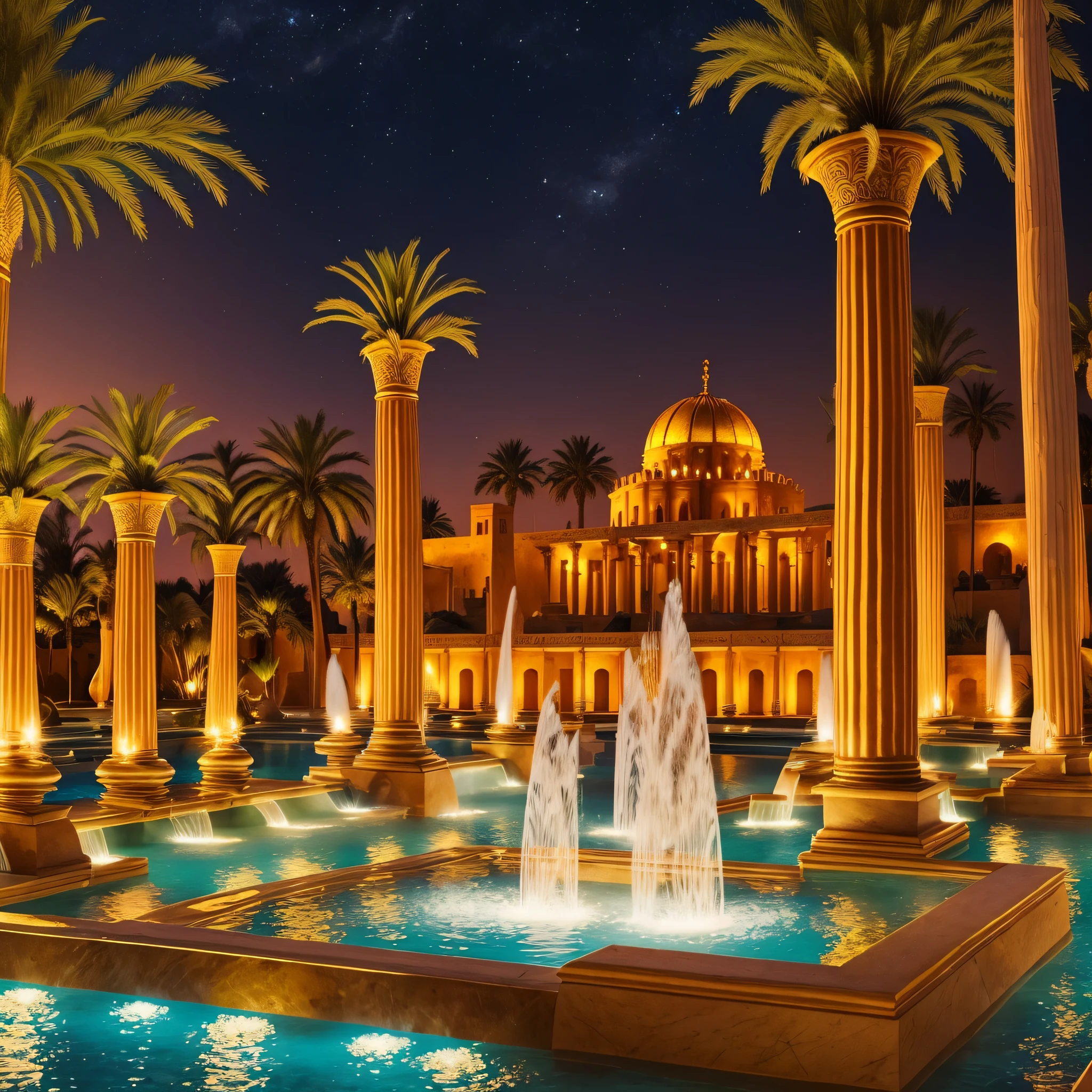 Hanging garden of Babylon with hot springs and fountains, pyramids with golden details, white marble pilasters, palm trees in the environment, at night, with lit torches --auto --s2