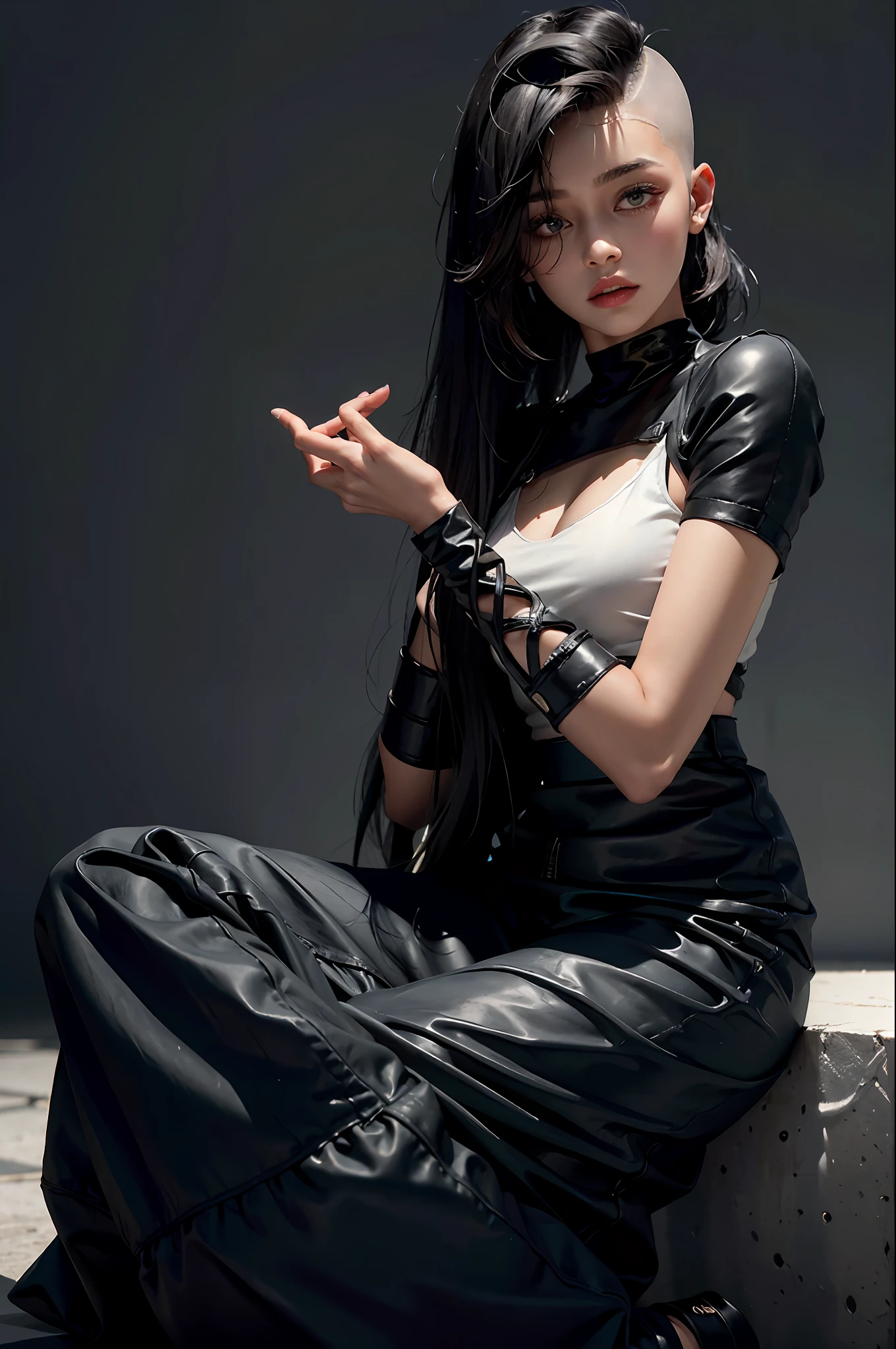 a 30 yo woman,(hi-top fade:1.3),long hair,dark theme, soothing tones, muted colors, high contrast, (natural skin texture, hyperrealism, soft light, sharp),